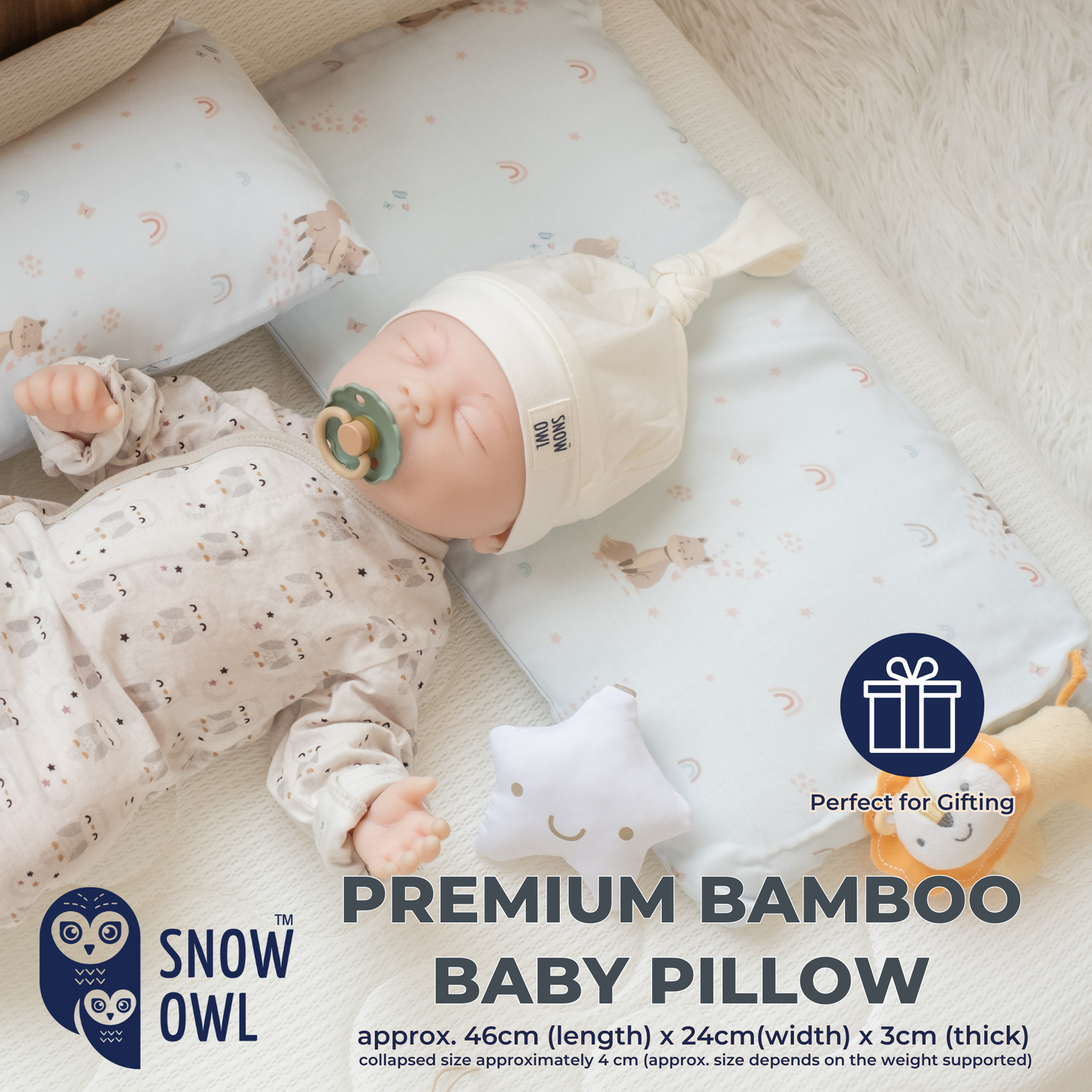 Snow Owl Bamboo Baby Pillow - Spring Fox Blue