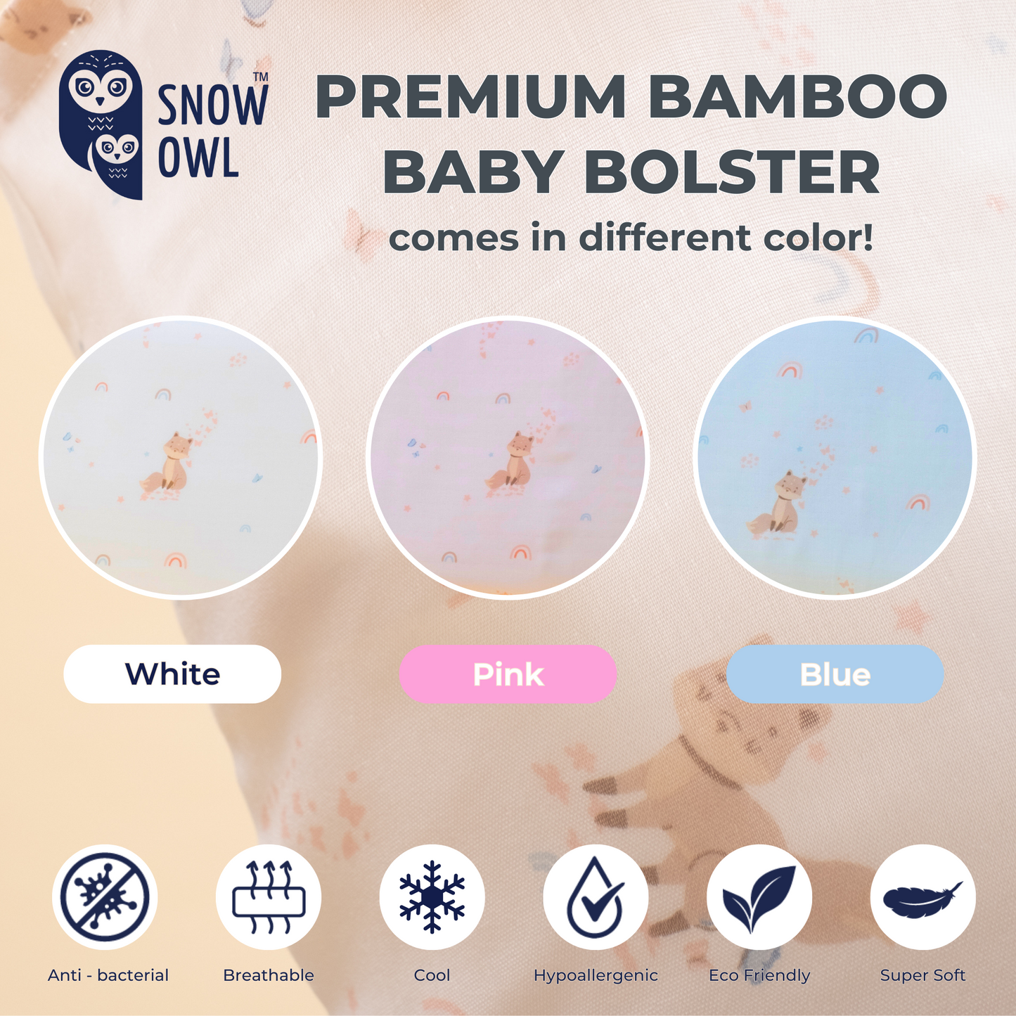 Snow Owl Bamboo Baby Bolster- Spring Fox White