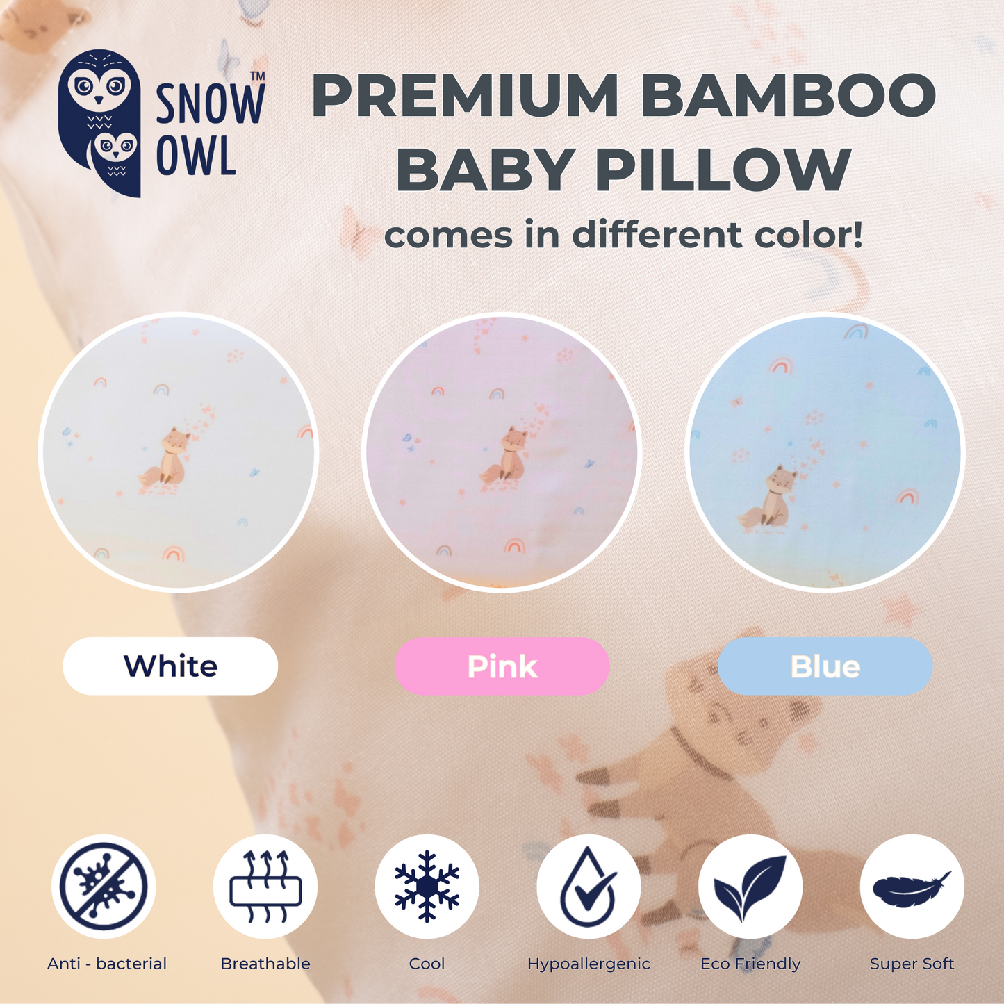 Snow Owl Bamboo Baby Pillow - Spring Fox White