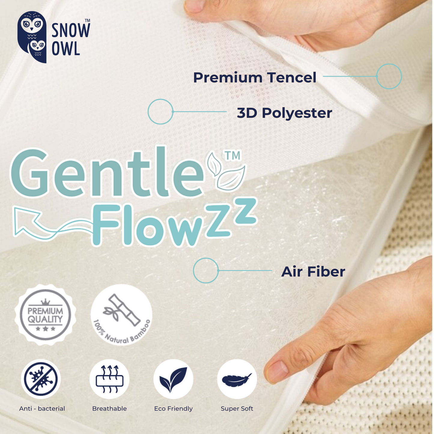 Snow Owl Gentle FlowZz Tencel Baby Pillow - White