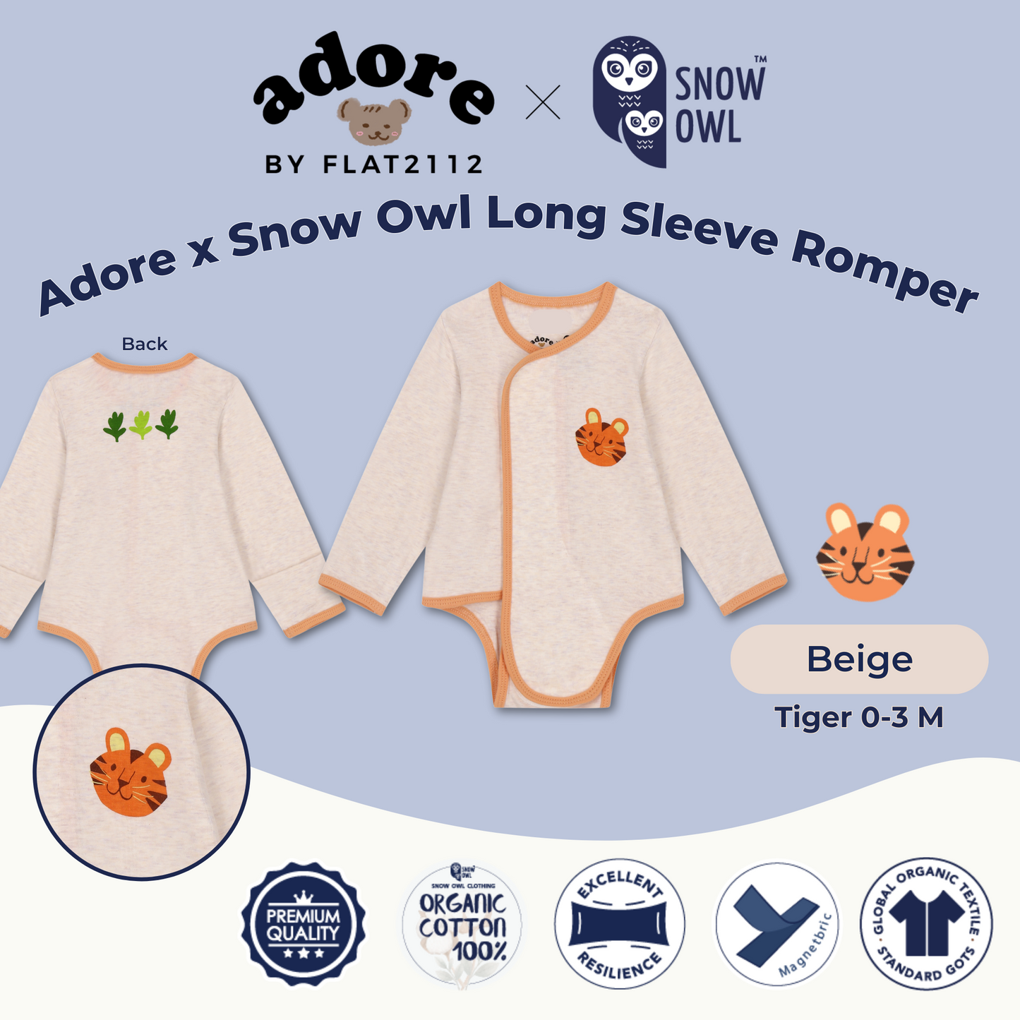 Adore x Snow Owl Long Sleeve Romper - Tiger Beige 0-3 M