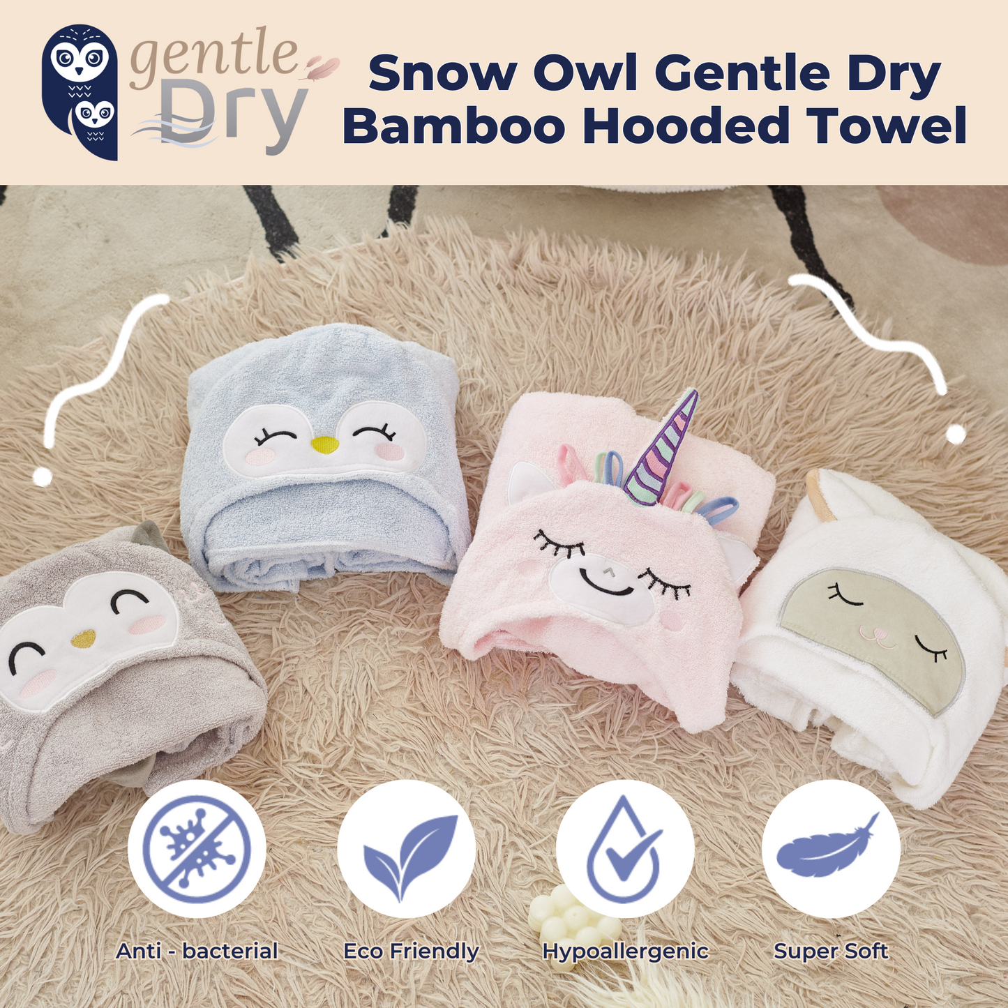 Snow Owl Gentle Dry Bamboo Hooded Towel - Owl