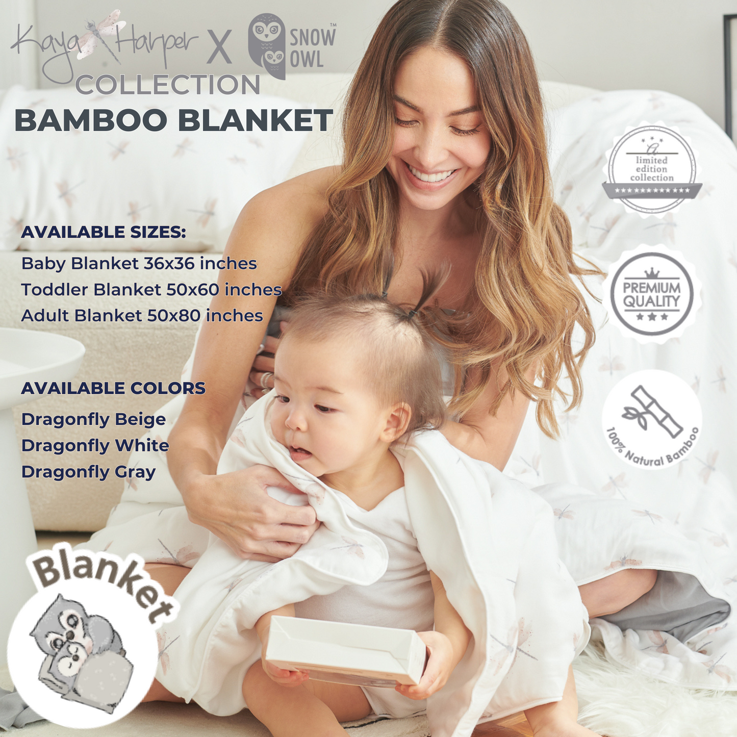 Snow Owl Bamboo Toddler Blanket Kaya Harper - 50x60 White