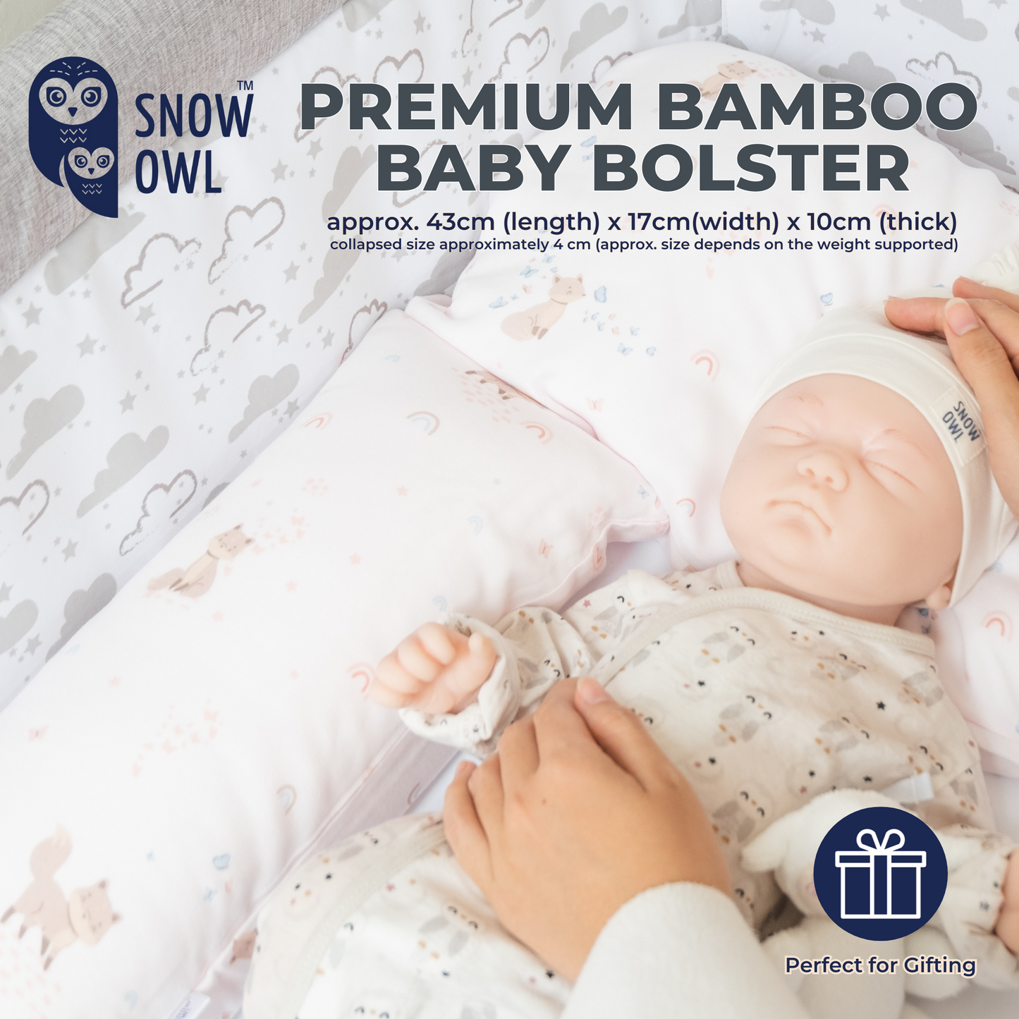 Snow Owl Bamboo Baby Bolster- Spring Fox White