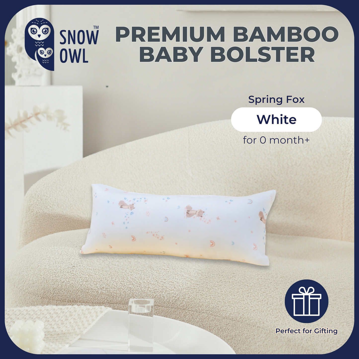 Snow Owl Bamboo Baby Bolster- Spring Fox White