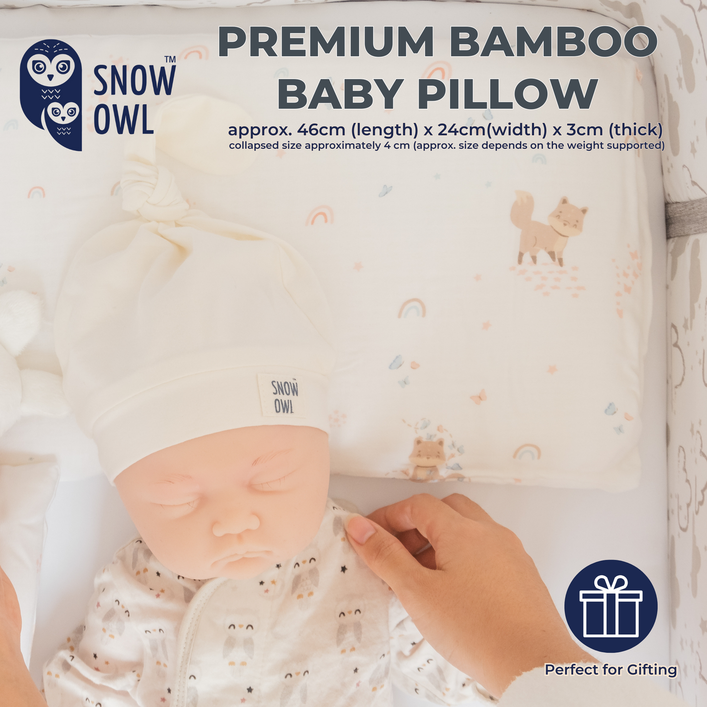 Snow Owl Bamboo Baby Pillow - Spring Fox White
