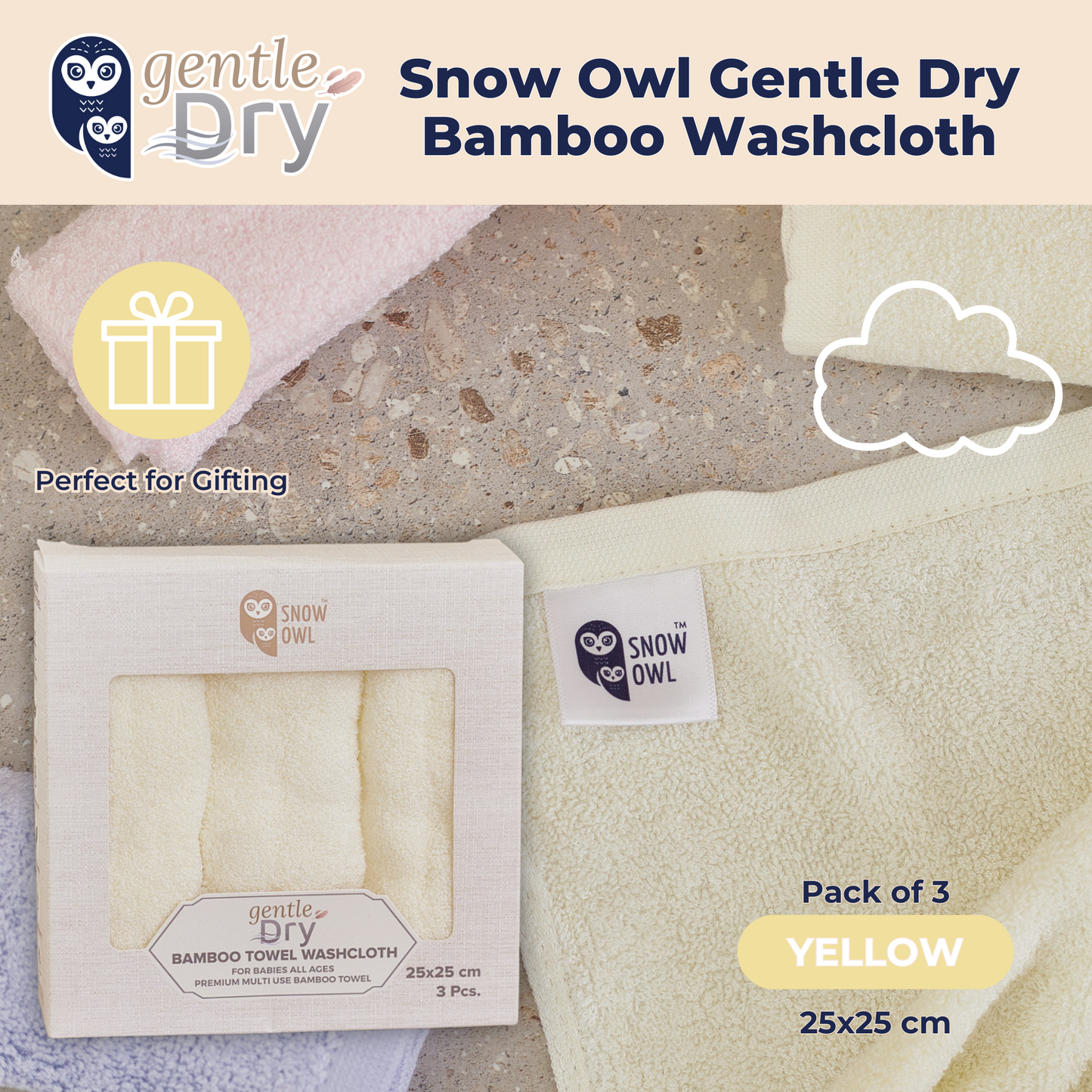 Snow Owl Gentle Dry Bamboo Washcloth - White (Pack of 3)