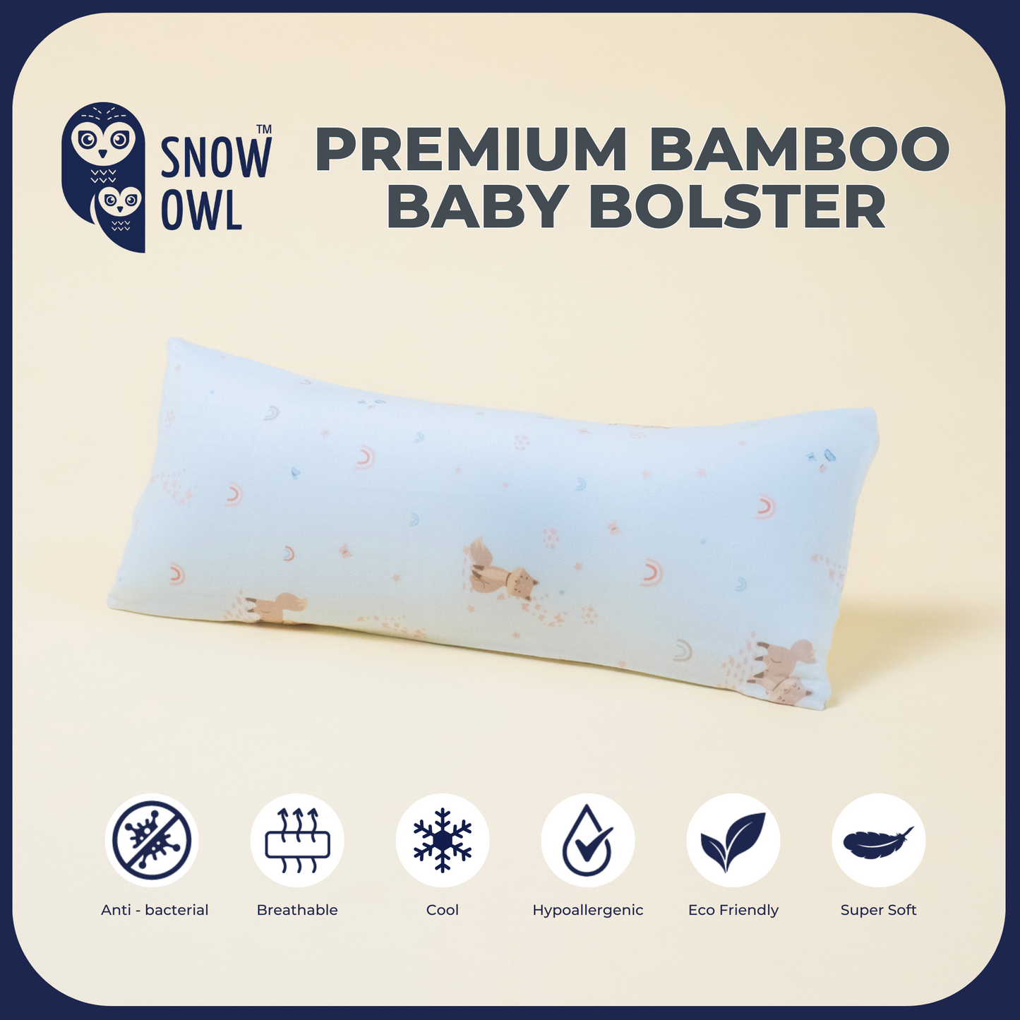 Snow Owl Bamboo Baby Bolster- Spring Fox Blue
