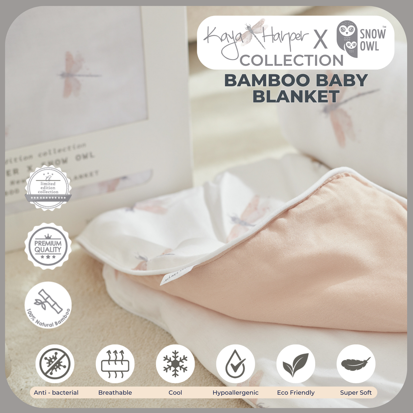 Snow Owl Bamboo Baby Blanket Kaya Harper - 36x36 Beige