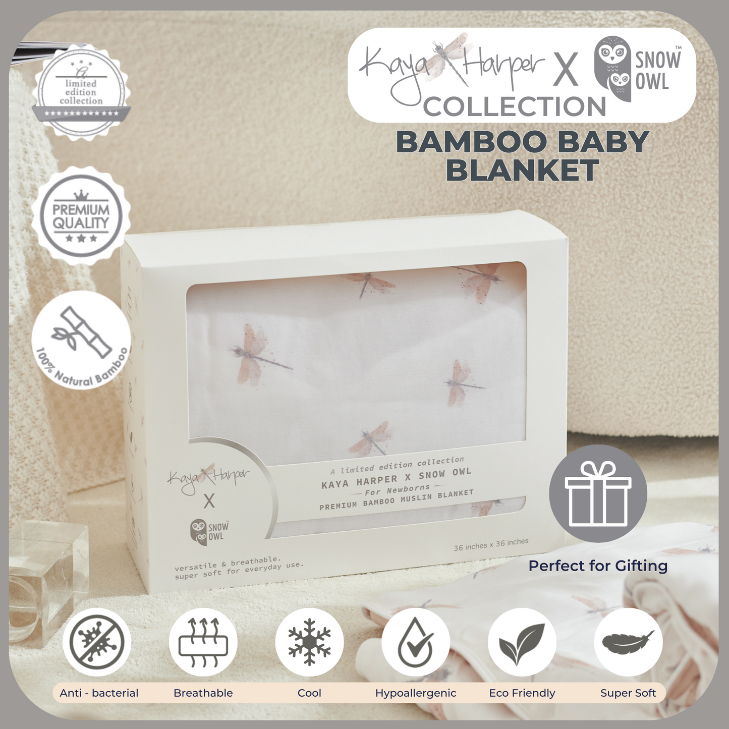 Snow Owl Bamboo Baby Blanket Kaya Harper - 36x36 Beige