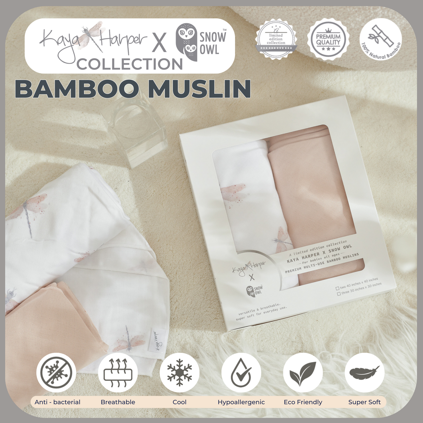 Snow Owl Bamboo Muslin Kaya Harper 40x40 Pack of 2 - Dragonfly Beige