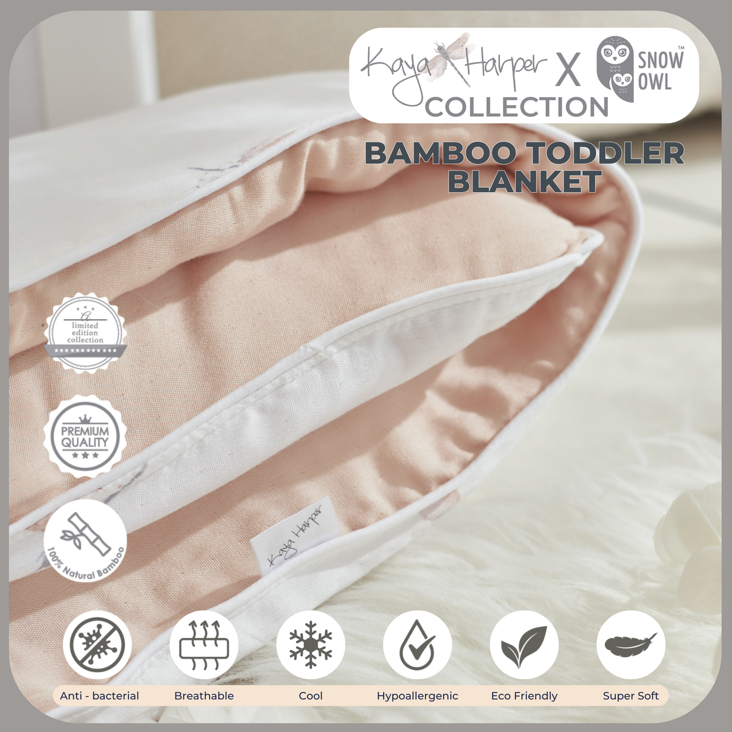 Snow Owl Bamboo Toddler Blanket Kaya Harper - 50x60 Beige