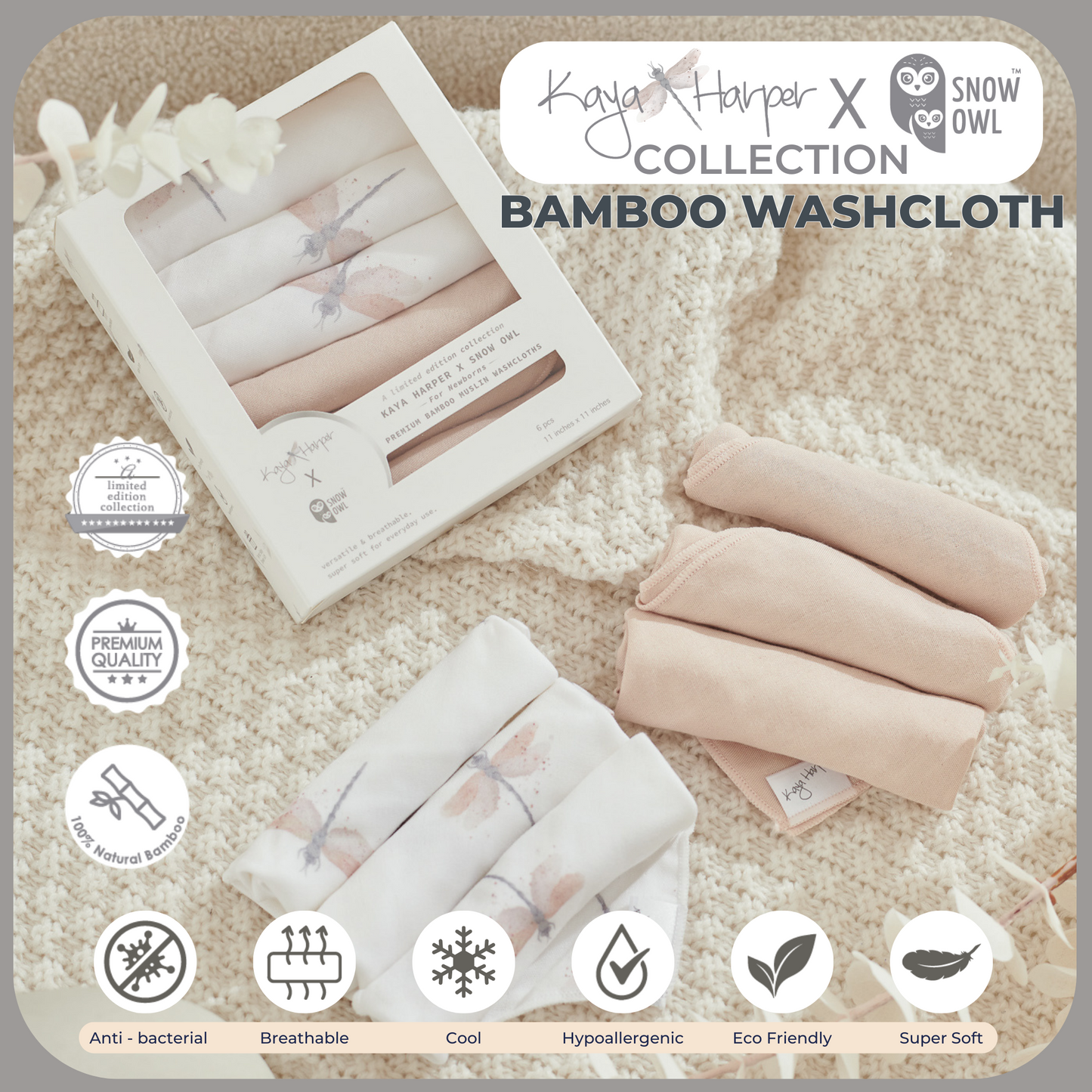Snow Owl Bamboo Washcloth Kaya Harper 11x11 Pack of 6 - Dragonfly Beige