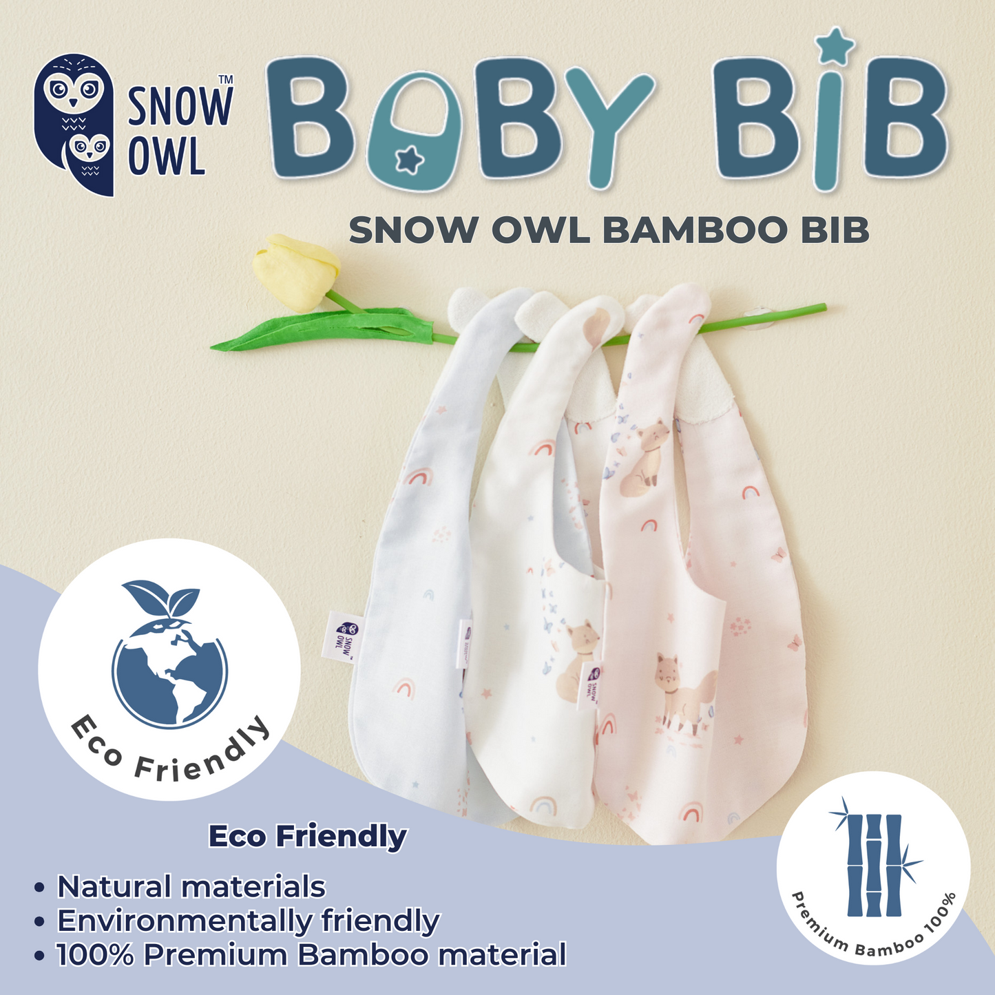 Snow Owl Bamboo Baby Bib Spring Fox Blue