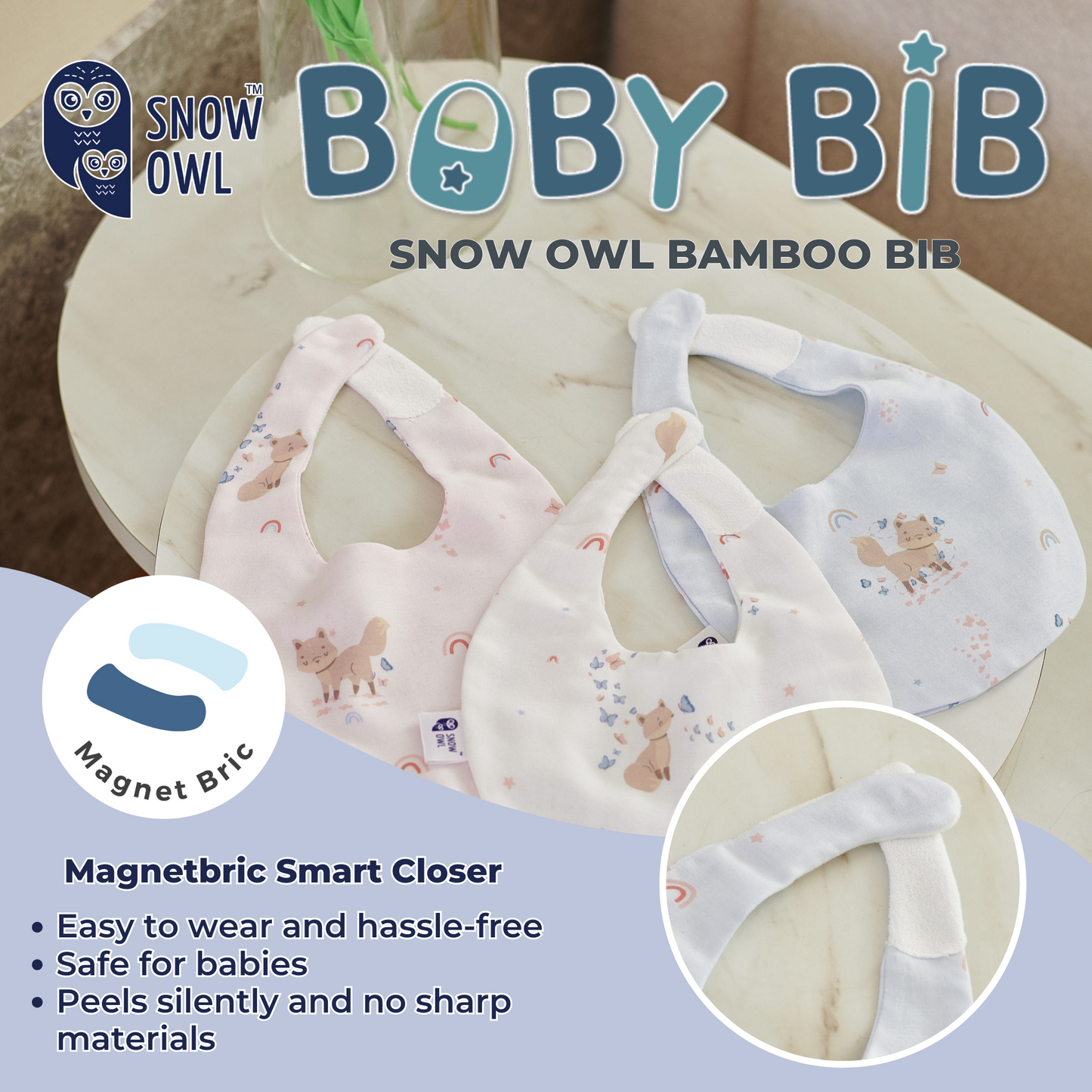 Snow Owl Bamboo Baby Bib Spring Fox Blue