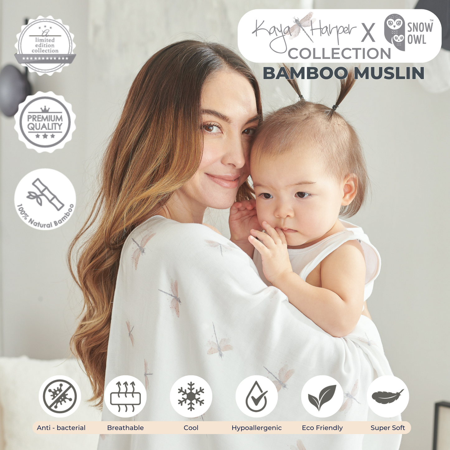 Snow Owl Bamboo Muslin Kaya Harper 40x40 Pack of 2 - Dragonfly Beige