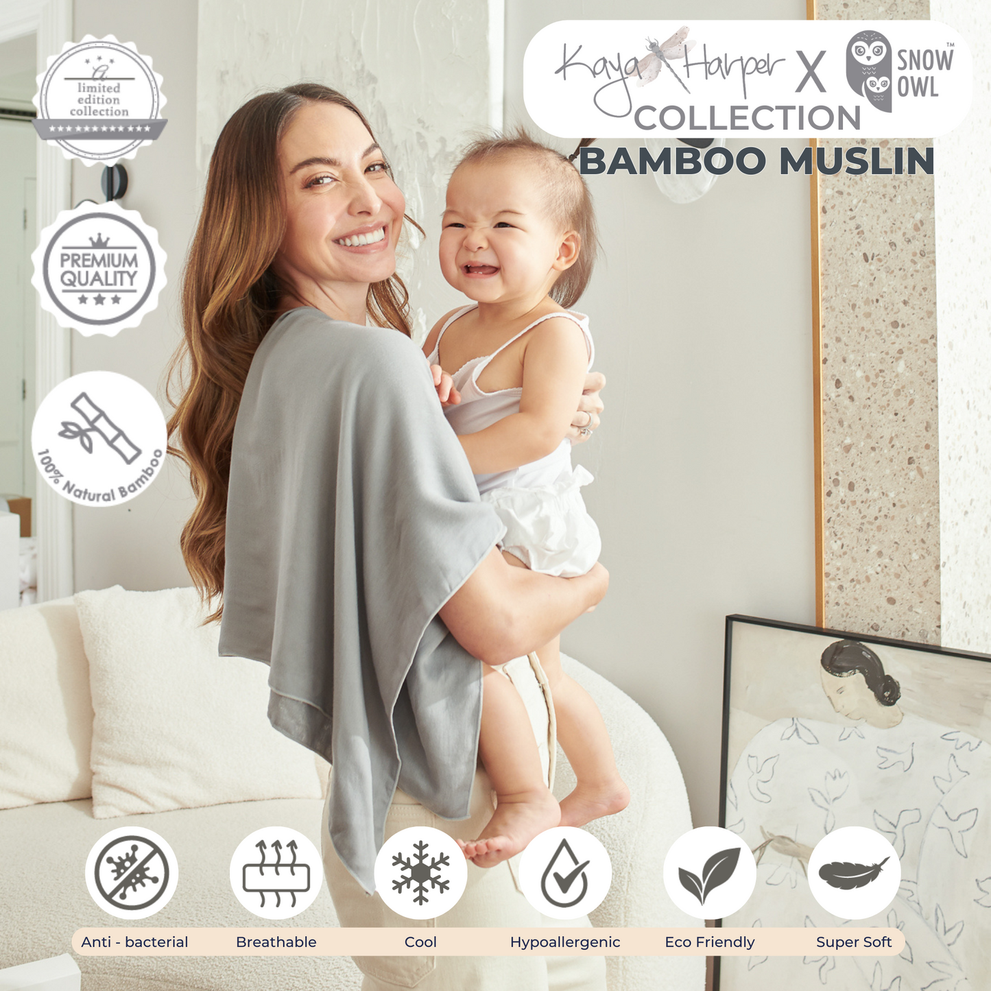 Snow Owl Bamboo Muslin Kaya Harper 40x40 Pack of 2 - Dragonfly Gray
