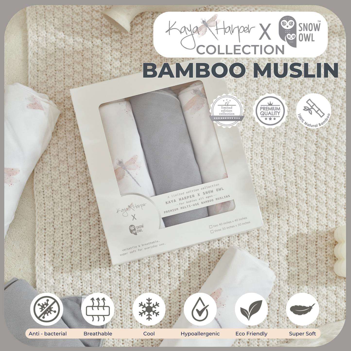 Snow Owl Bamboo Muslin Kaya Harper 30x30 Pack of 3 - Dragon Fly Gray