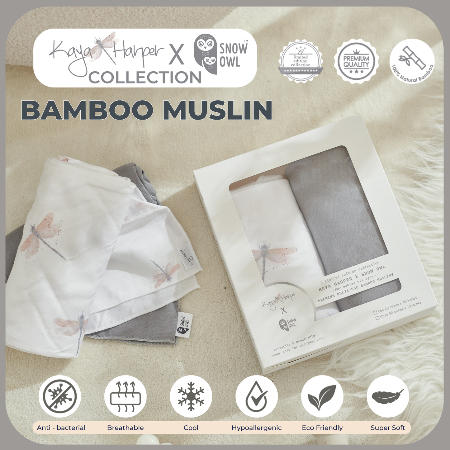 Snow Owl Bamboo Muslin Kaya Harper 40x40 Pack of 2 - Dragonfly Gray