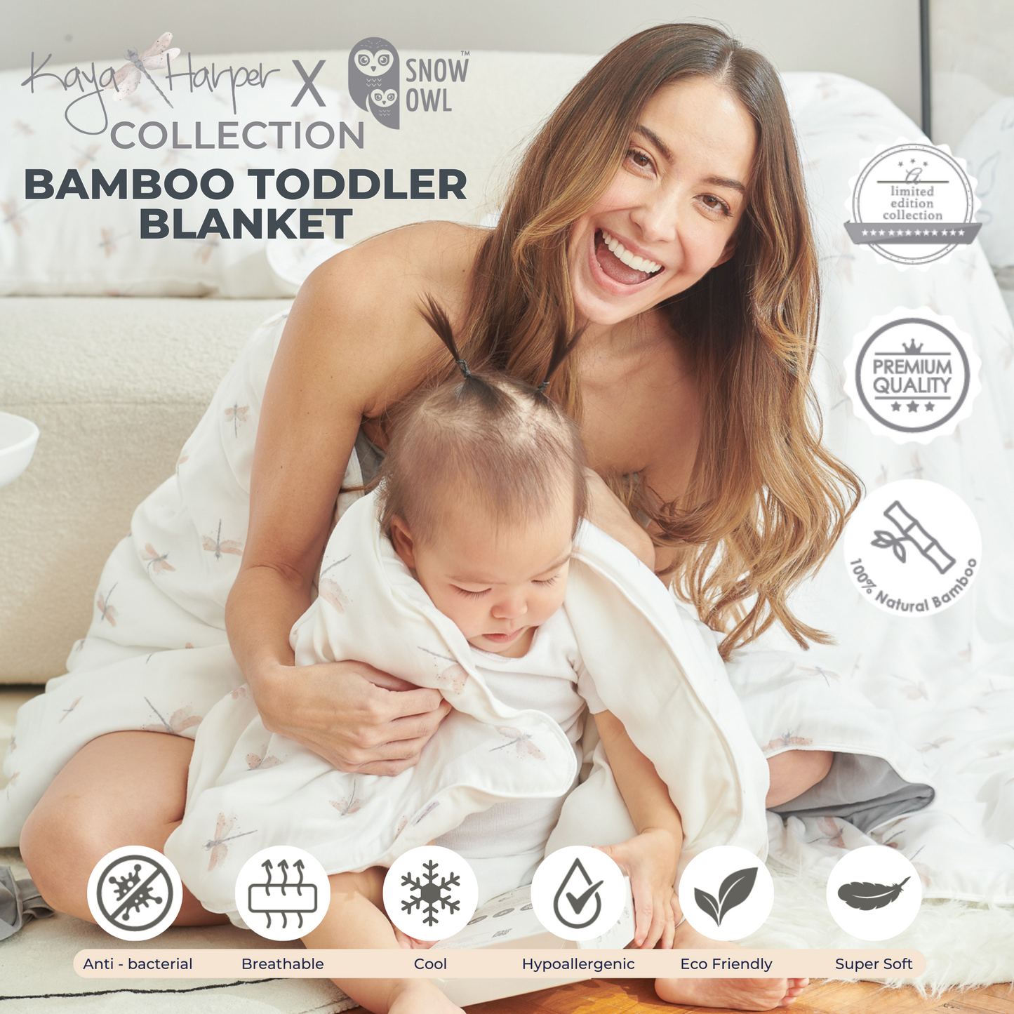 Snow Owl Bamboo Toddler Blanket Kaya Harper - 50x60 Beige