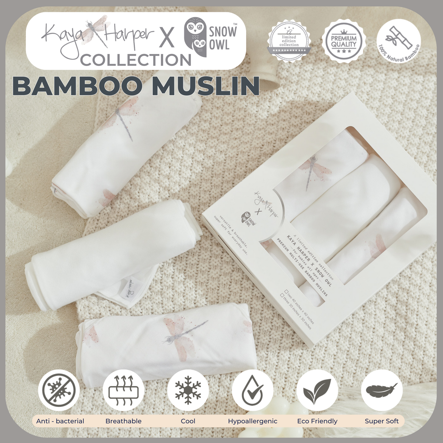 Snow Owl Bamboo Muslin Kaya Harper 30x30 Pack of 3 - Dragon Fly White