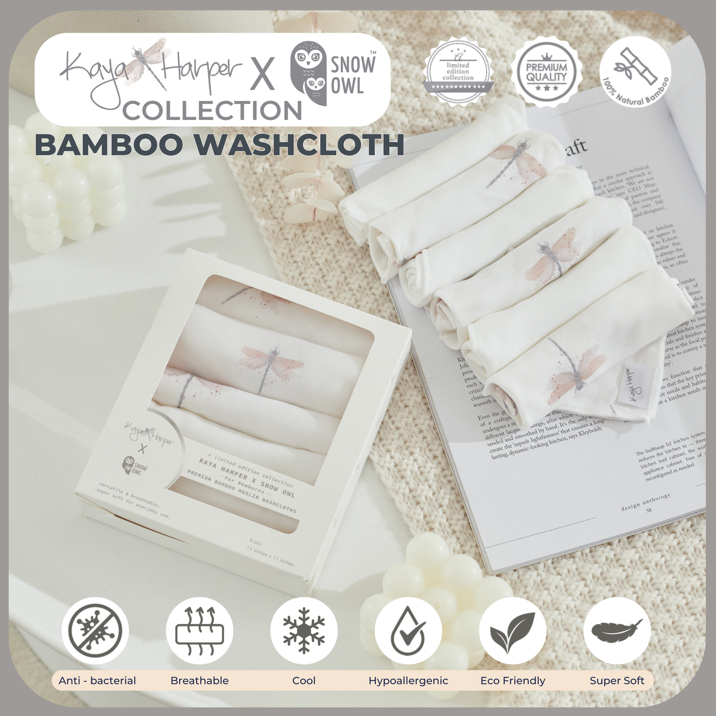 Snow Owl Bamboo Washcloth Kaya Harper 11x11 Pack of 6 - Dragonfly White