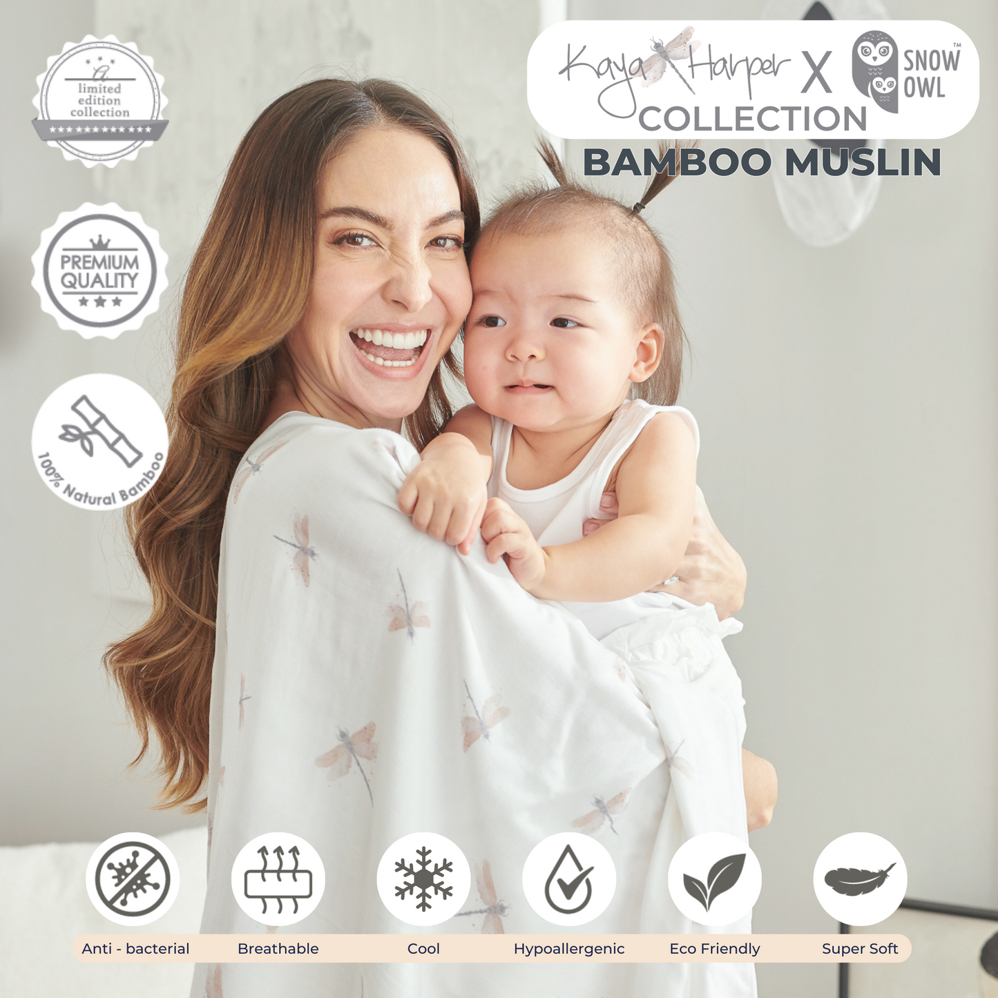 Snow Owl Bamboo Muslin Kaya Harper 30x30 Pack of 3 - Dragon Fly Beige