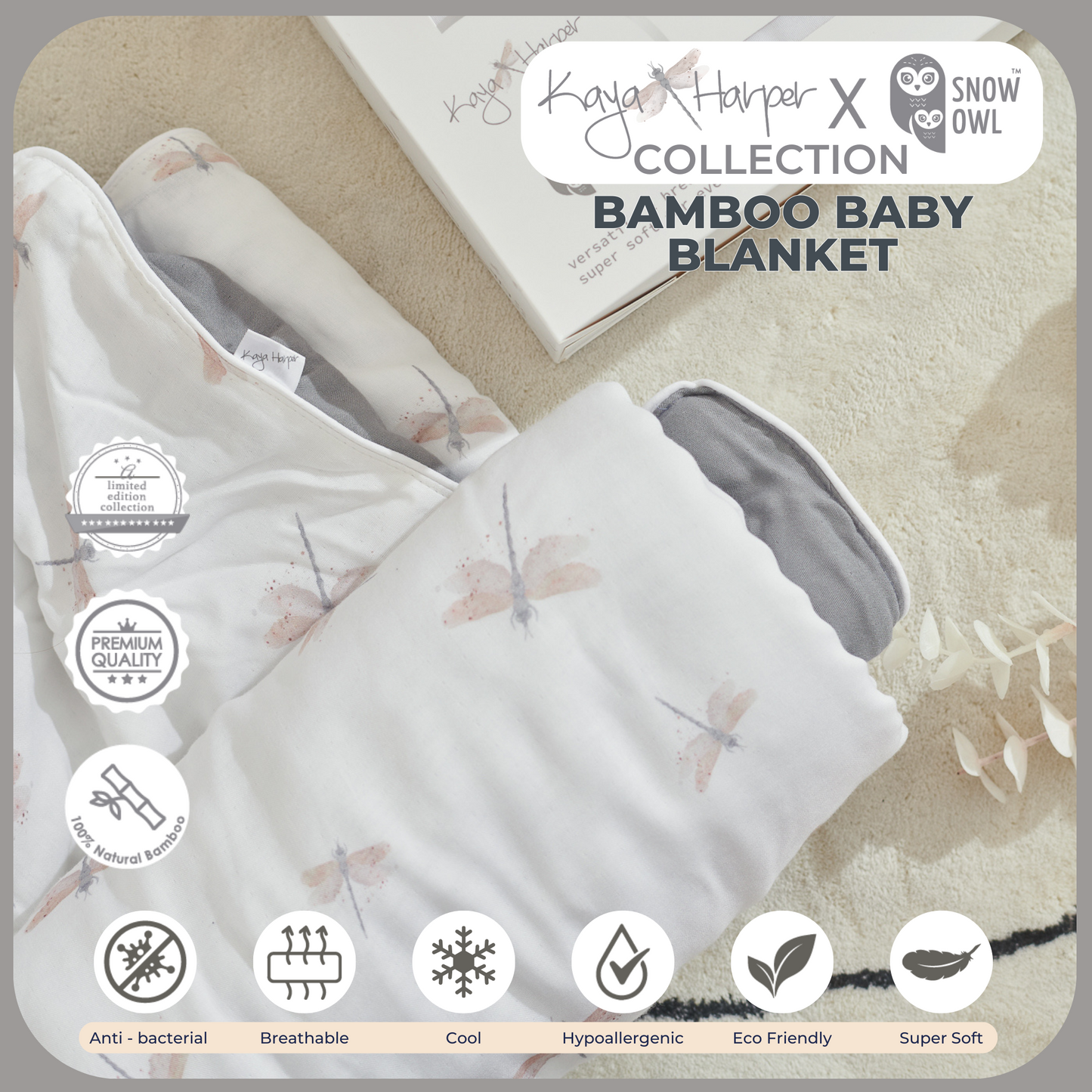 Snow Owl Bamboo Baby Blanket Kaya Harper - 36x36 Gray