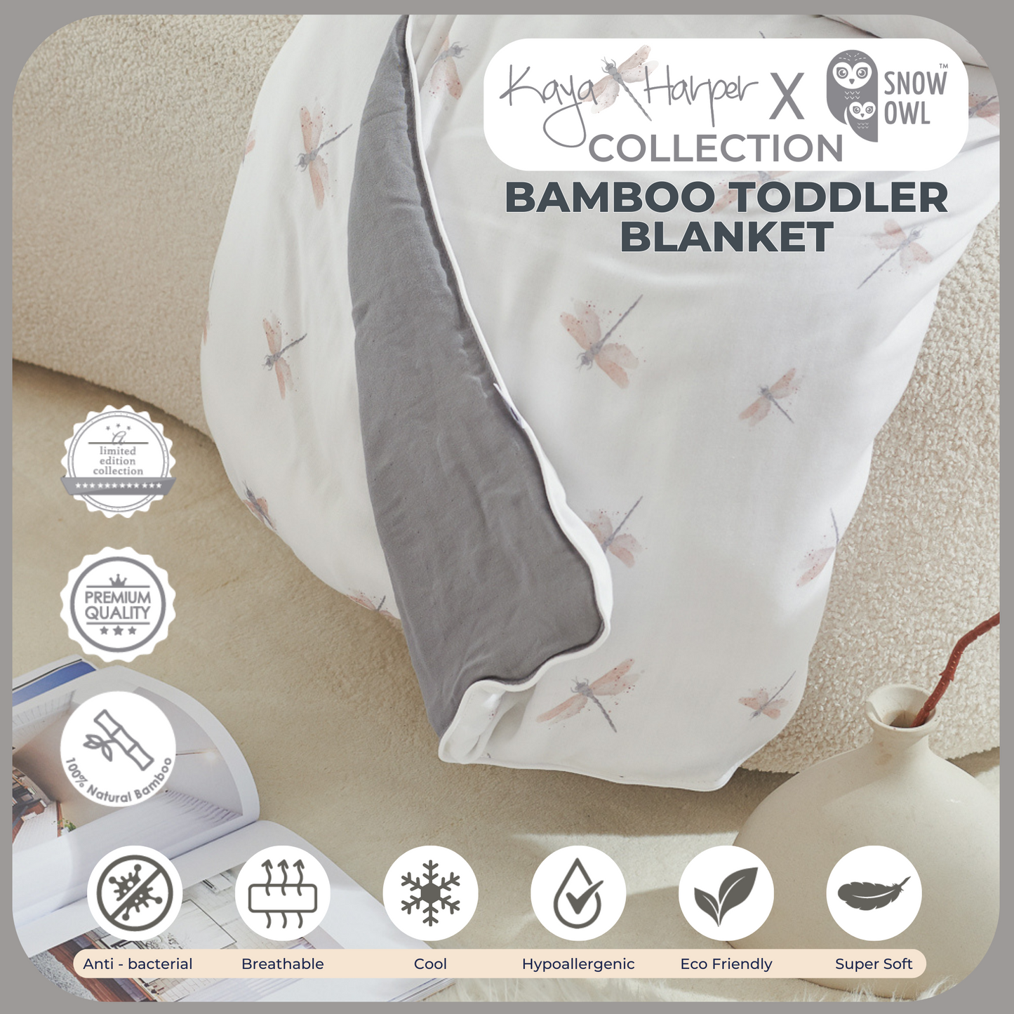 Snow Owl Bamboo Toddler Blanket Kaya Harper - 50x60 Gray