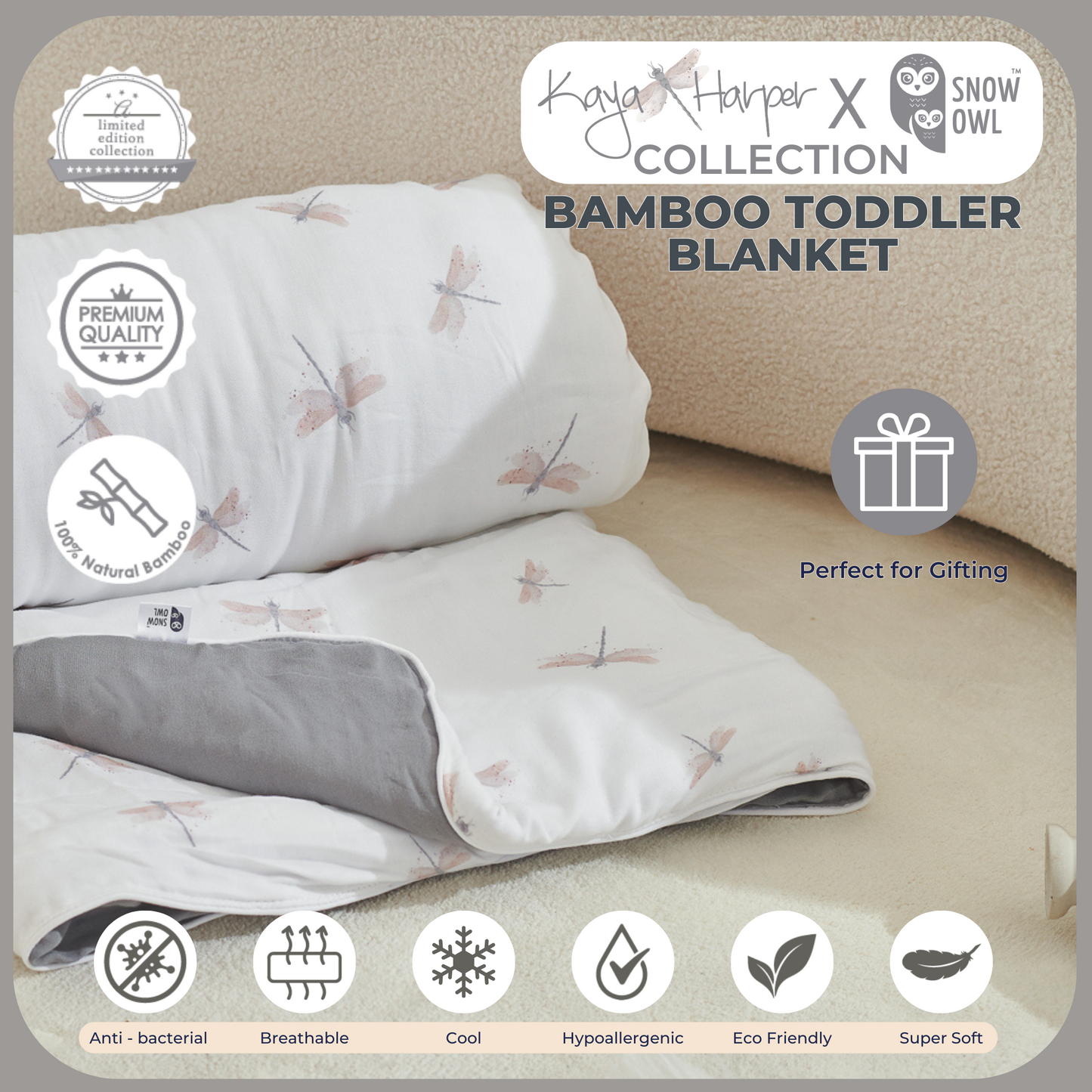 Snow Owl Bamboo Toddler Blanket Kaya Harper - 50x60 Gray