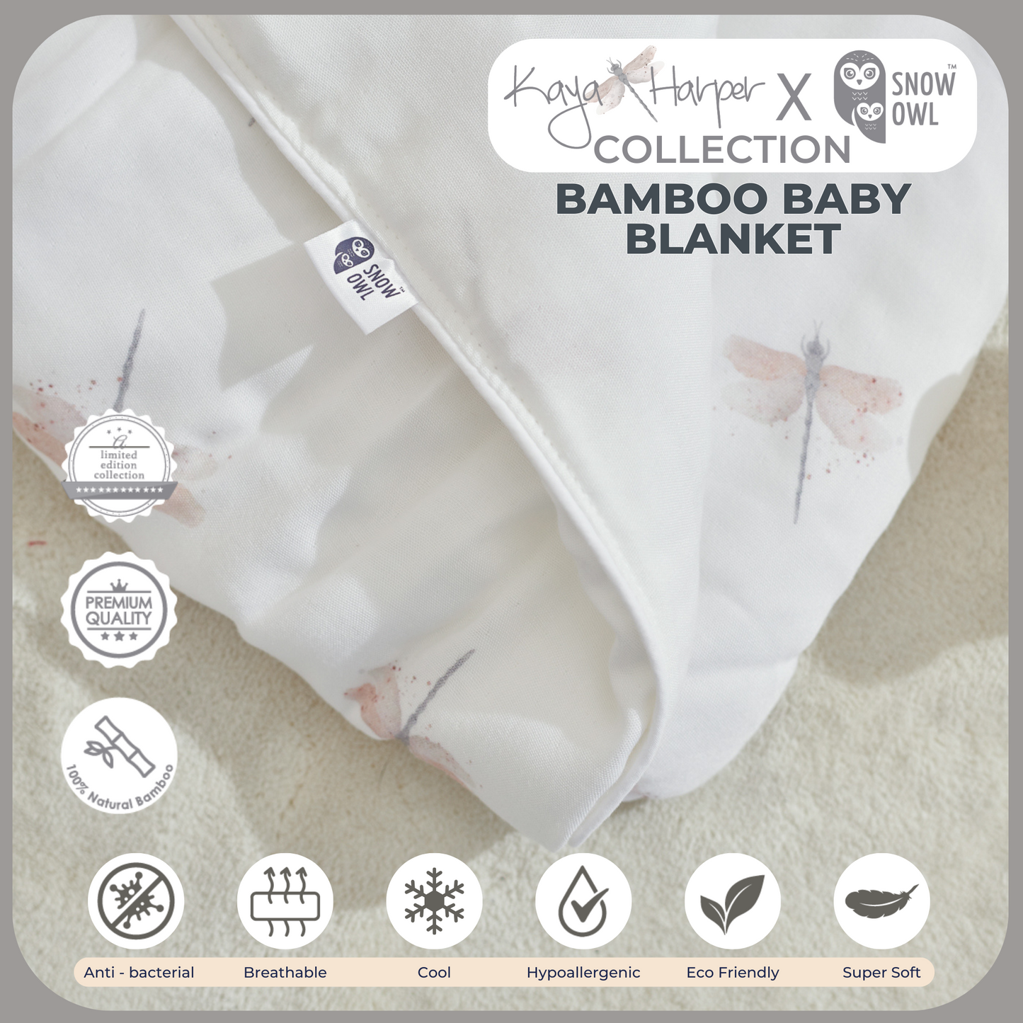 Snow Owl Bamboo Baby Blanket Kaya Harper - 36x36 White