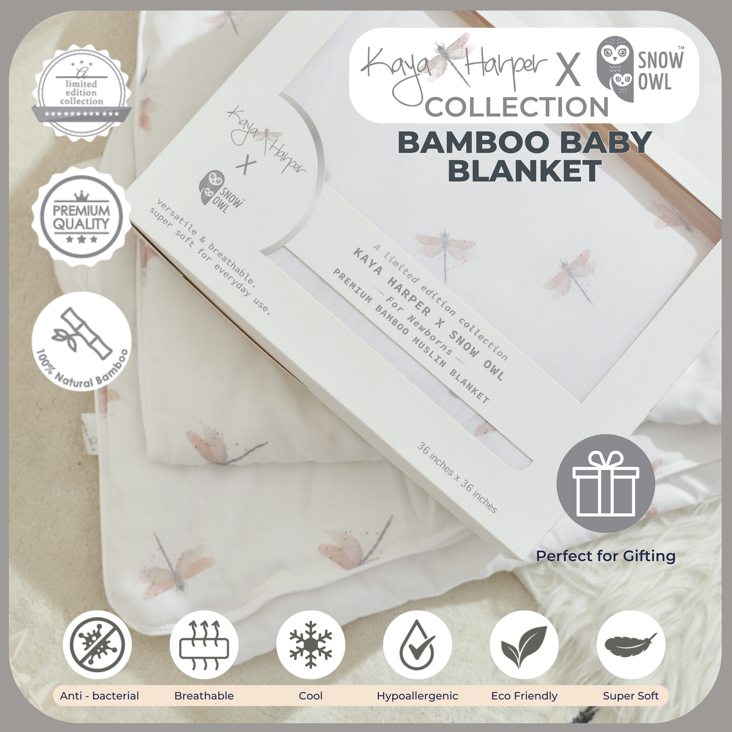 Snow Owl Bamboo Baby Blanket Kaya Harper - 36x36 White