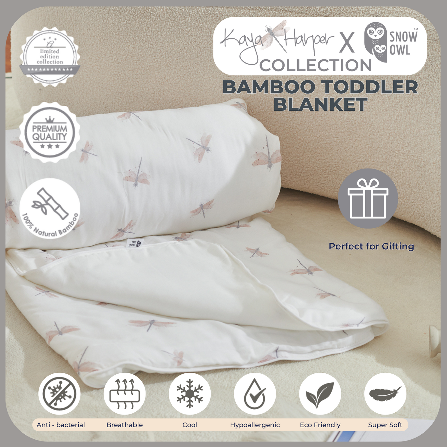 Snow Owl Bamboo Toddler Blanket Kaya Harper - 50x60 White