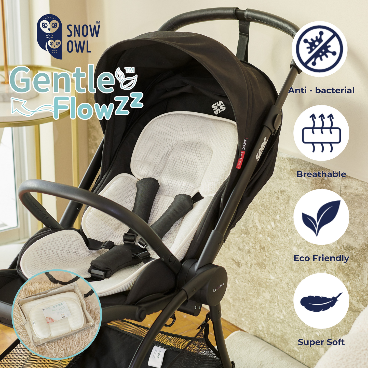Snow Owl Gentle FlowZz Breathable Liner for Strollers and Car Seats