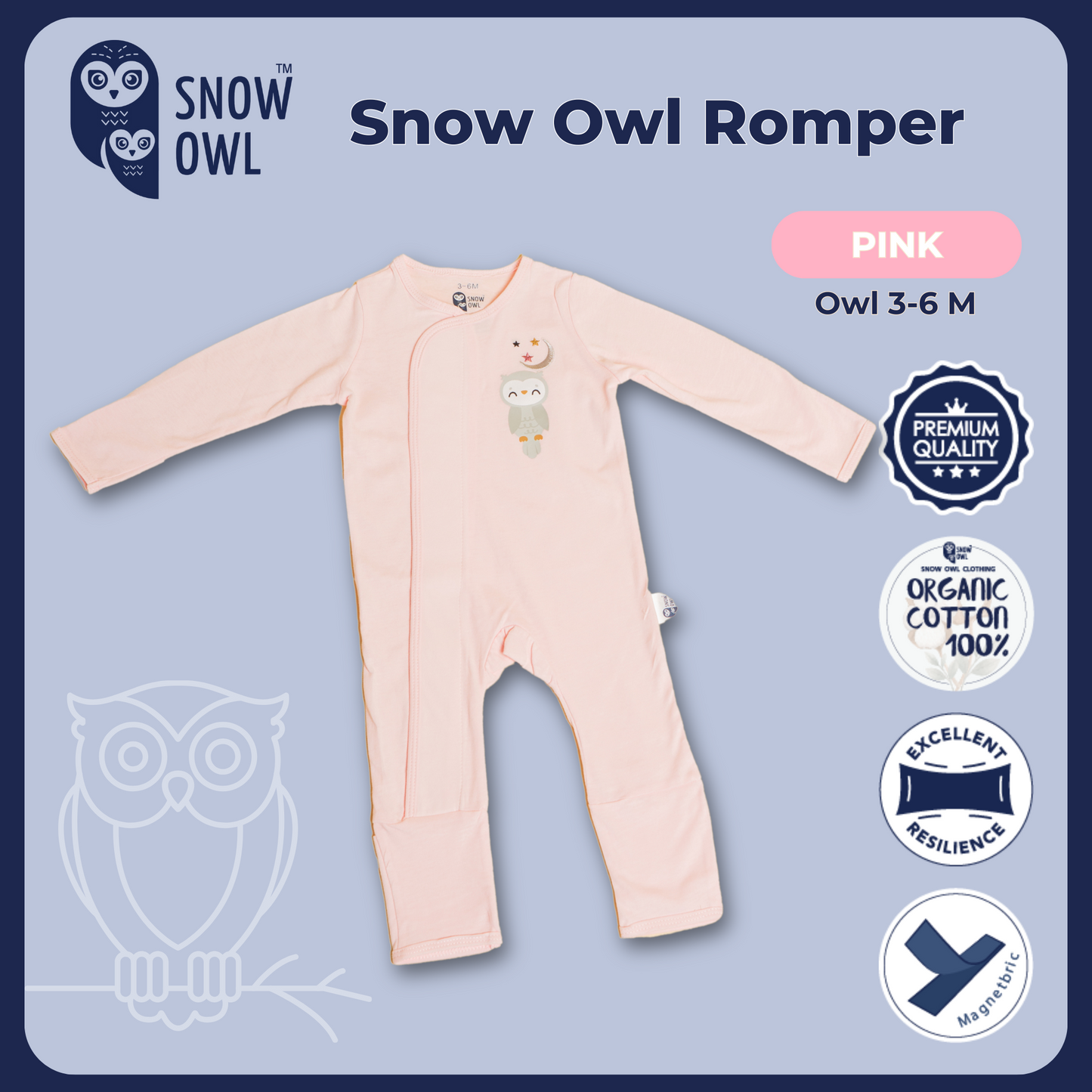Snow Owl Romper - Pink Owl 3-6 M