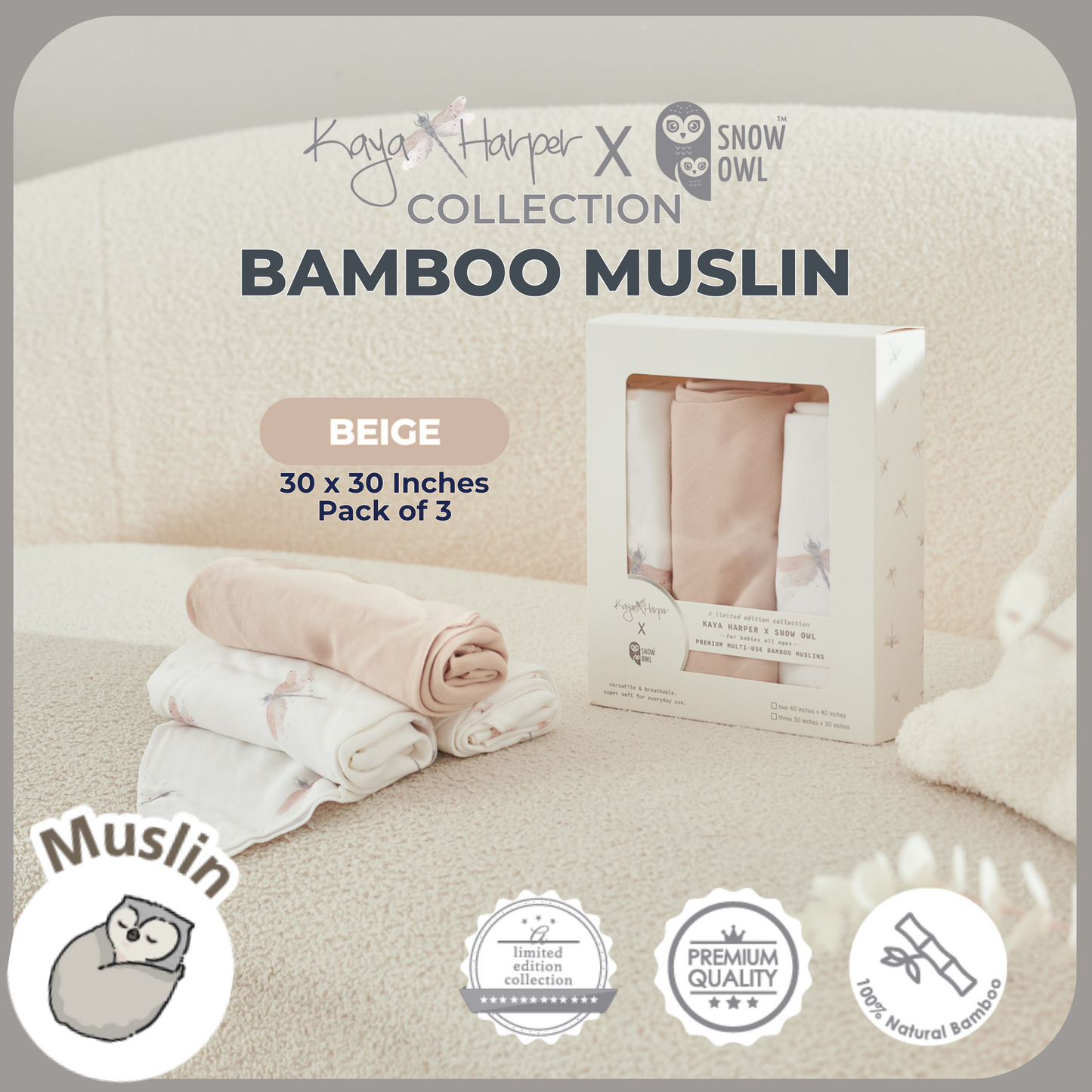 Snow Owl Bamboo Muslin Kaya Harper 30x30 Pack of 3 - Dragon Fly Beige