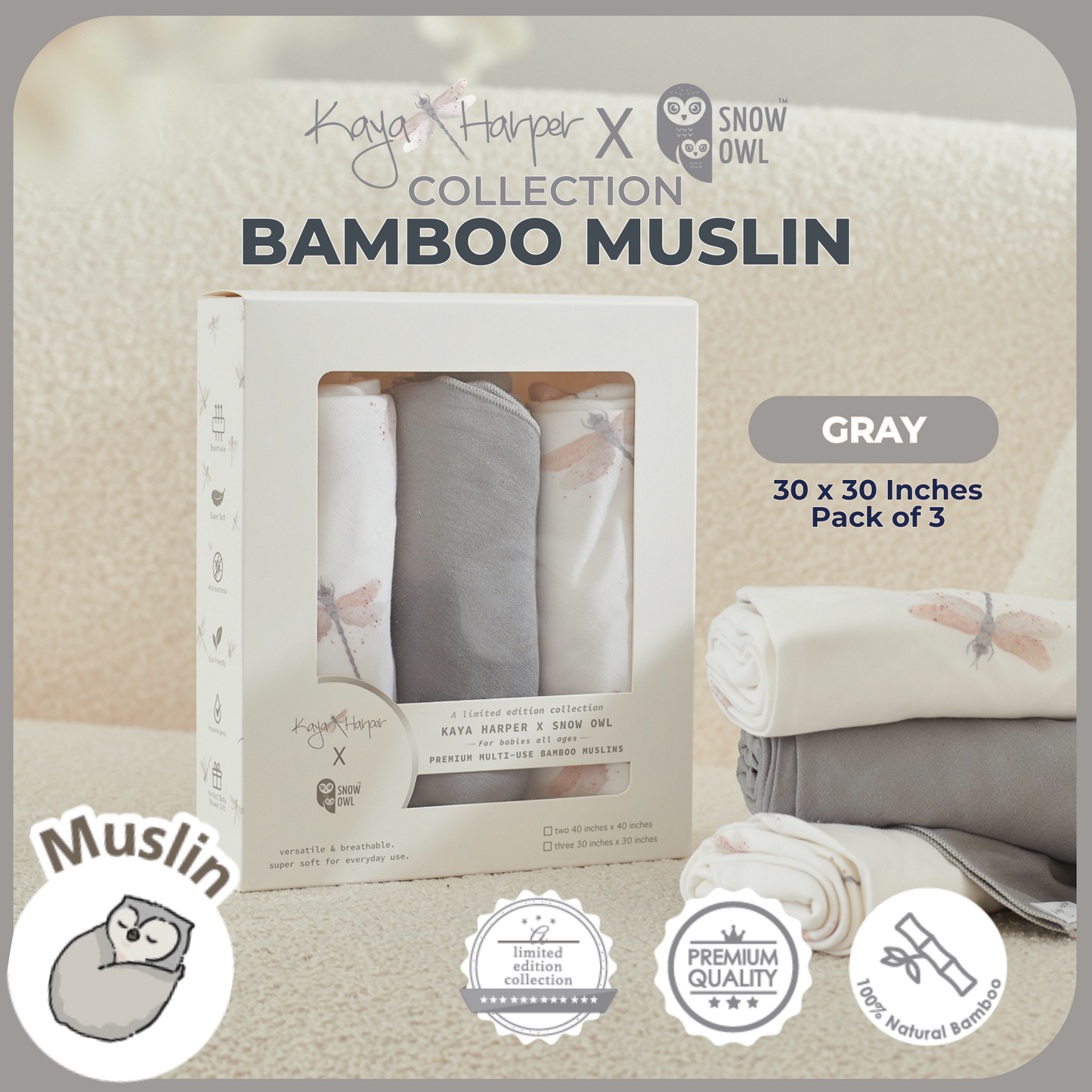 Snow Owl Bamboo Muslin Kaya Harper 30x30 Pack of 3 - Dragon Fly Gray