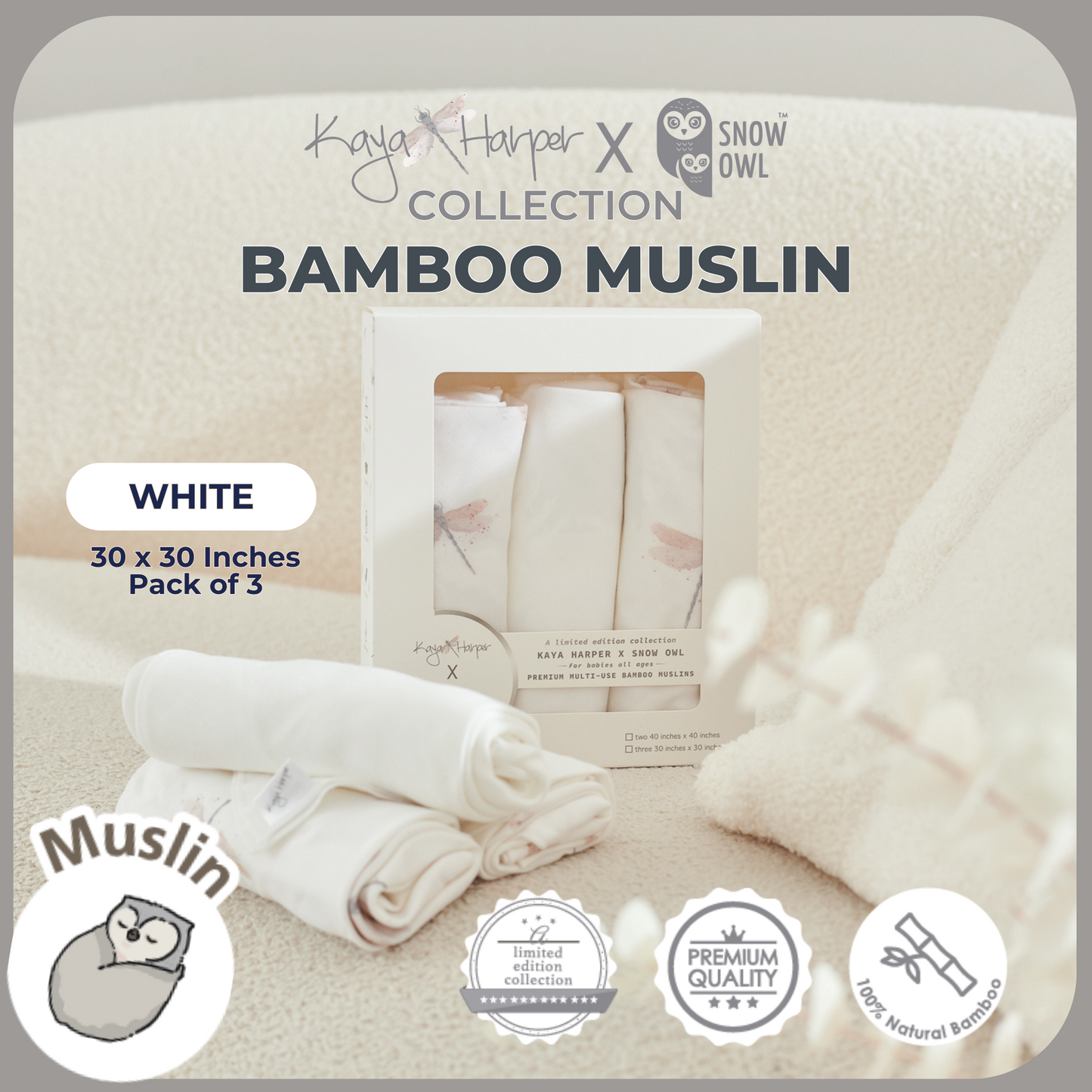 Snow Owl Bamboo Muslin Kaya Harper 30x30 Pack of 3 - Dragon Fly White