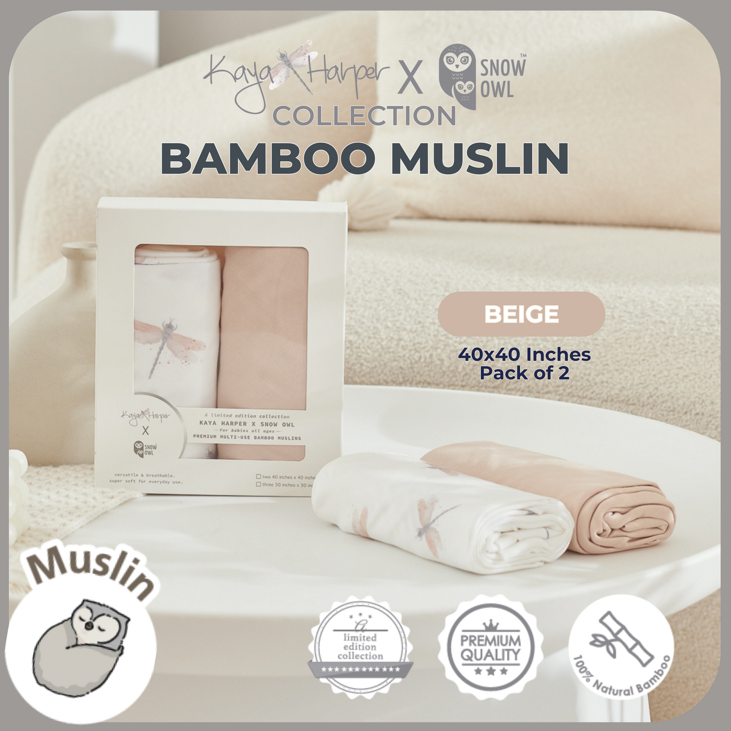 Snow Owl Bamboo Muslin Kaya Harper 40x40 Pack of 2 - Dragonfly Beige
