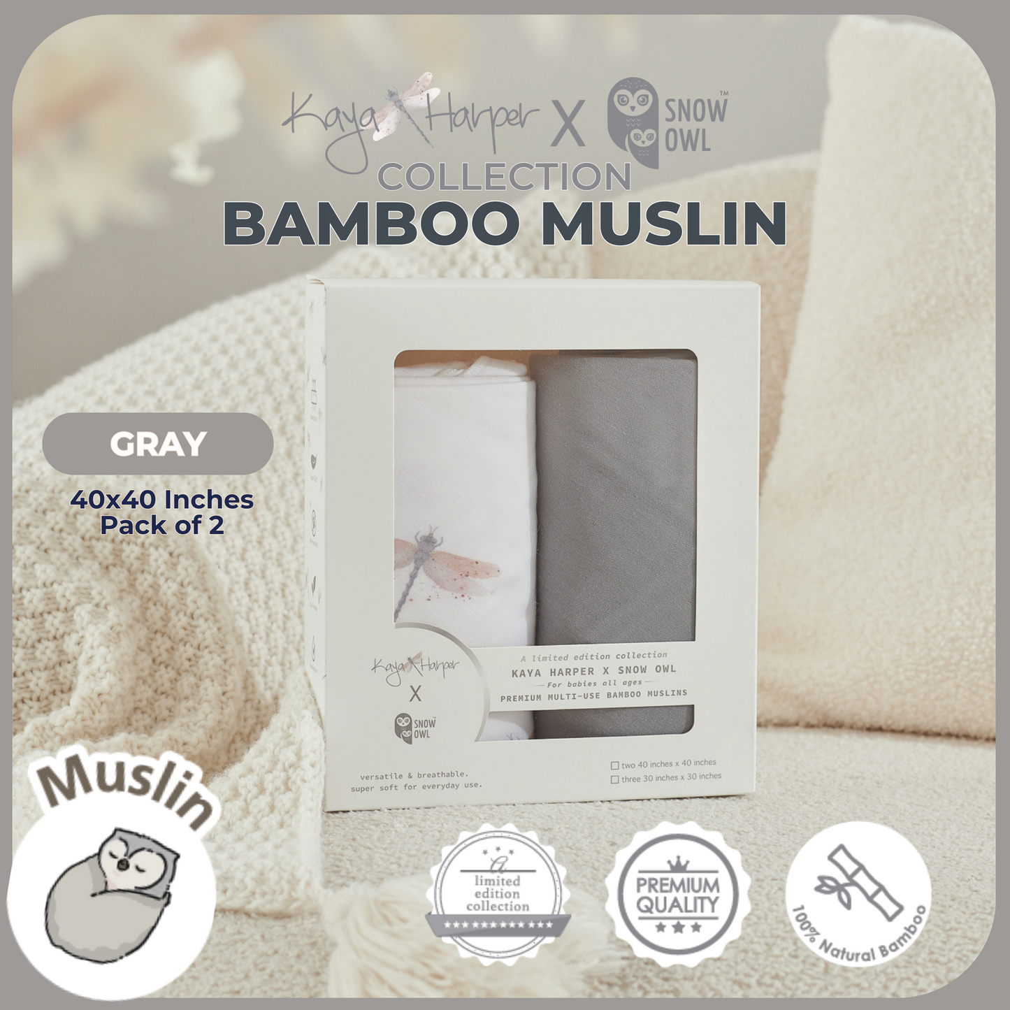 Snow Owl Bamboo Muslin Kaya Harper 40x40 Pack of 2 - Dragonfly Gray