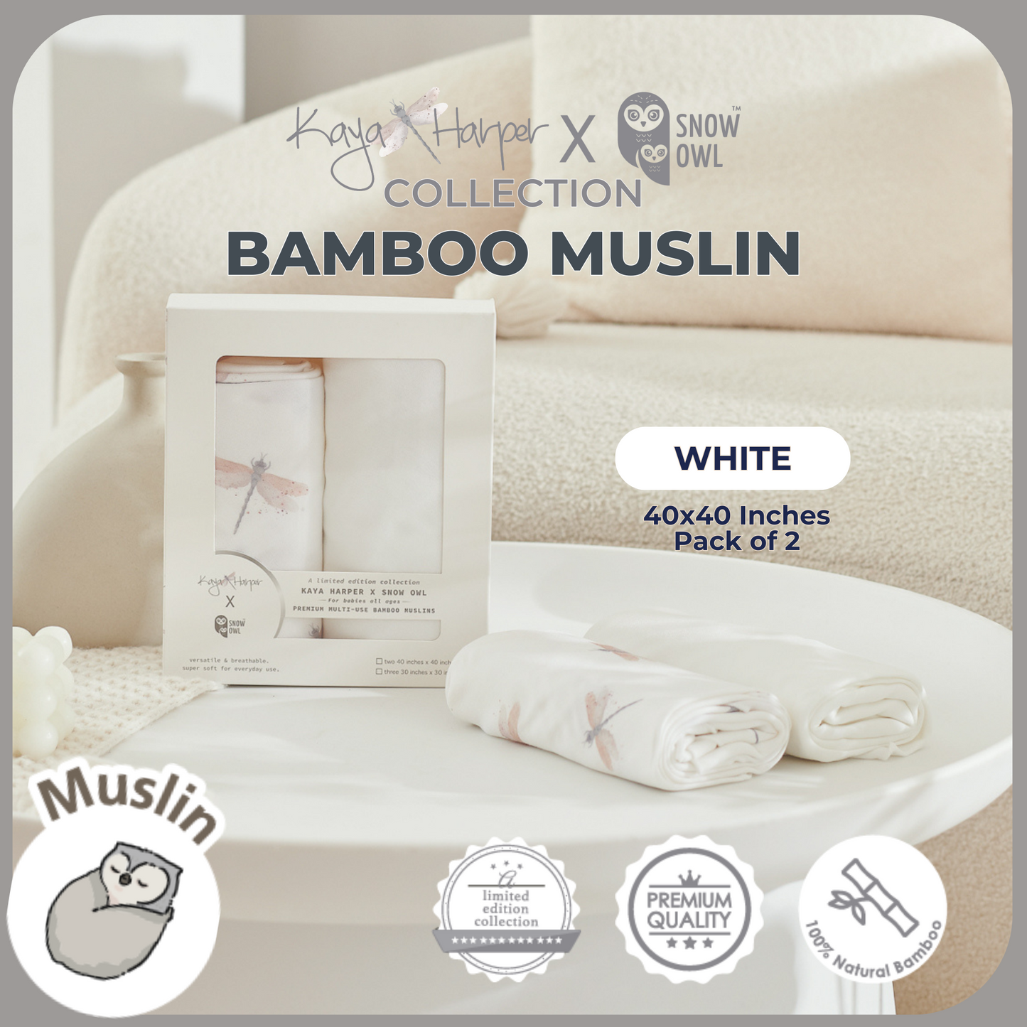 Snow Owl Bamboo Muslin Kaya Harper 40x40 Pack of 2 - Dragonfly White