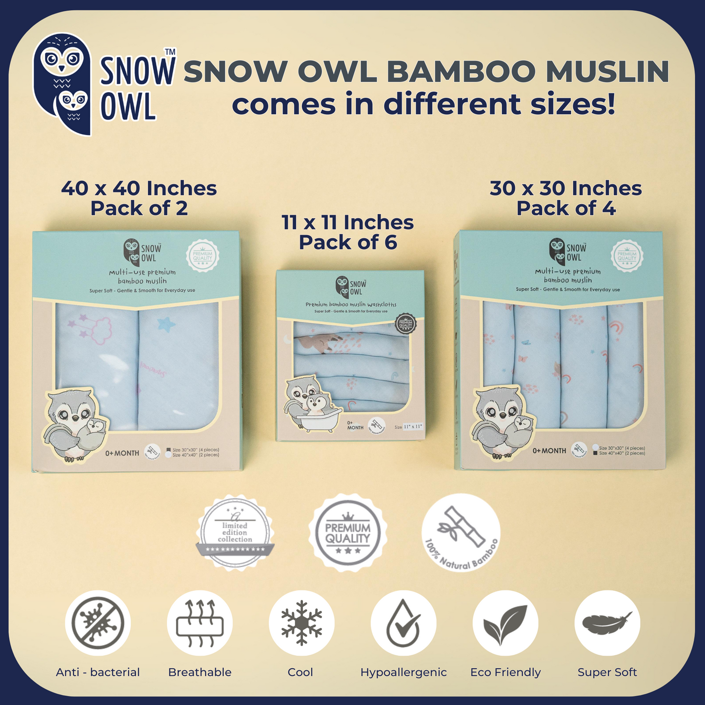 SNOW OWL BAMBOO Muslin 11x11 Pack of 6 - Spring Fox Blue