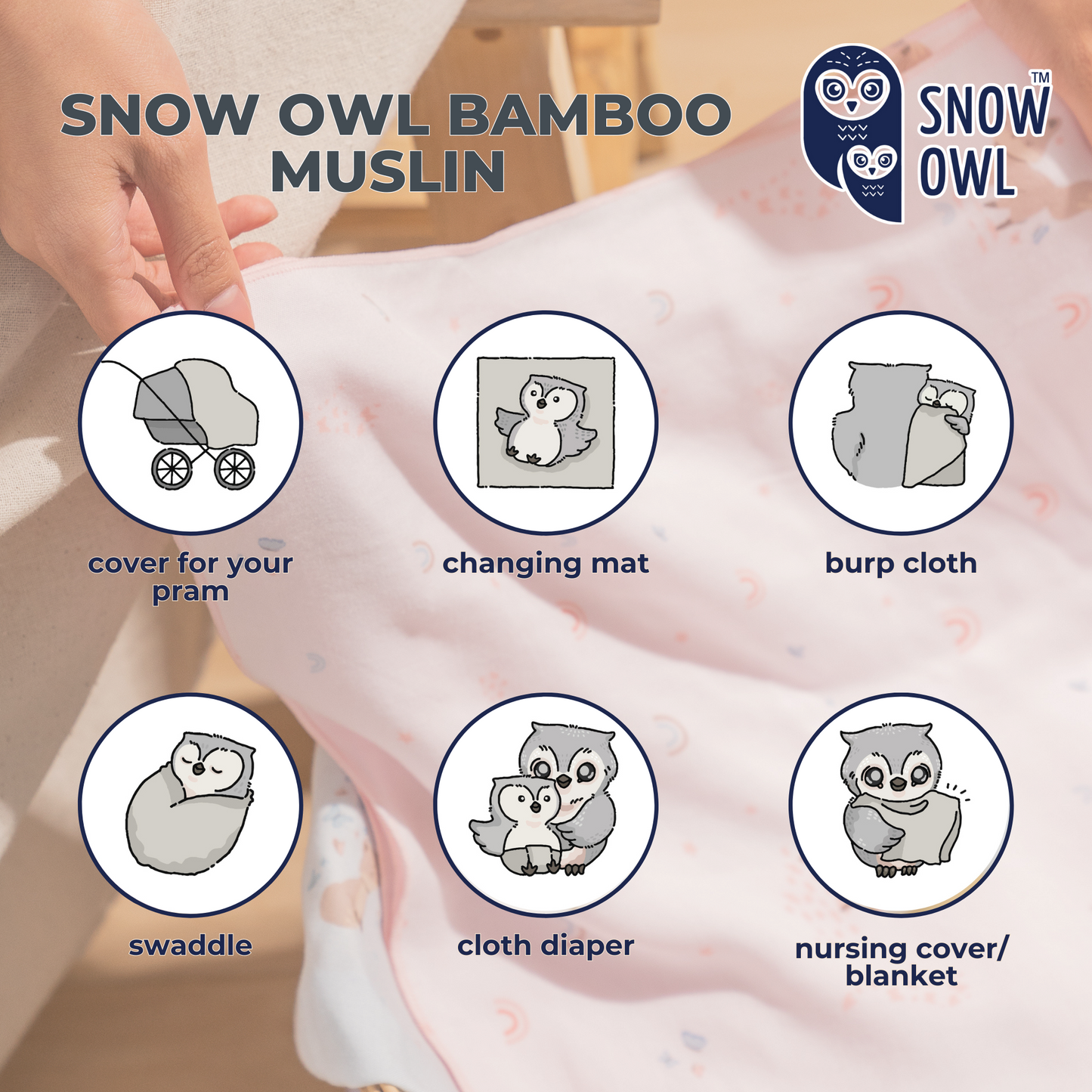 SNOW OWL BAMBOO Muslin 11x11 Pack of 6 - Spring Fox White