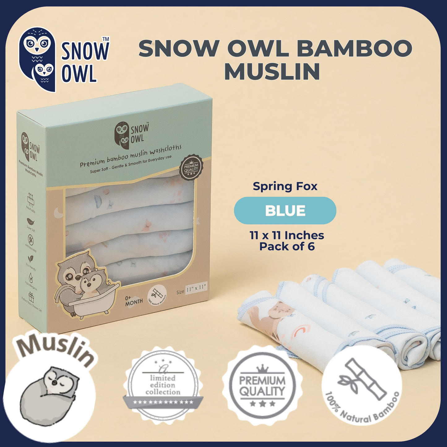 SNOW OWL BAMBOO Muslin 11x11 Pack of 6 - Spring Fox Blue