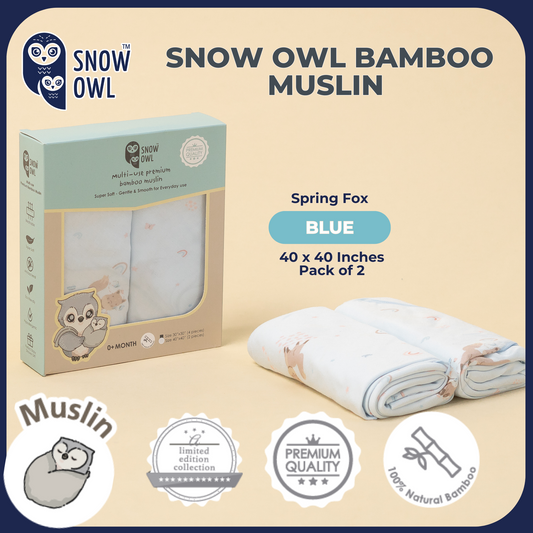 SNOW OWL BAMBOO Muslin 40x40 Pack of 2 - Spring Fox Blue