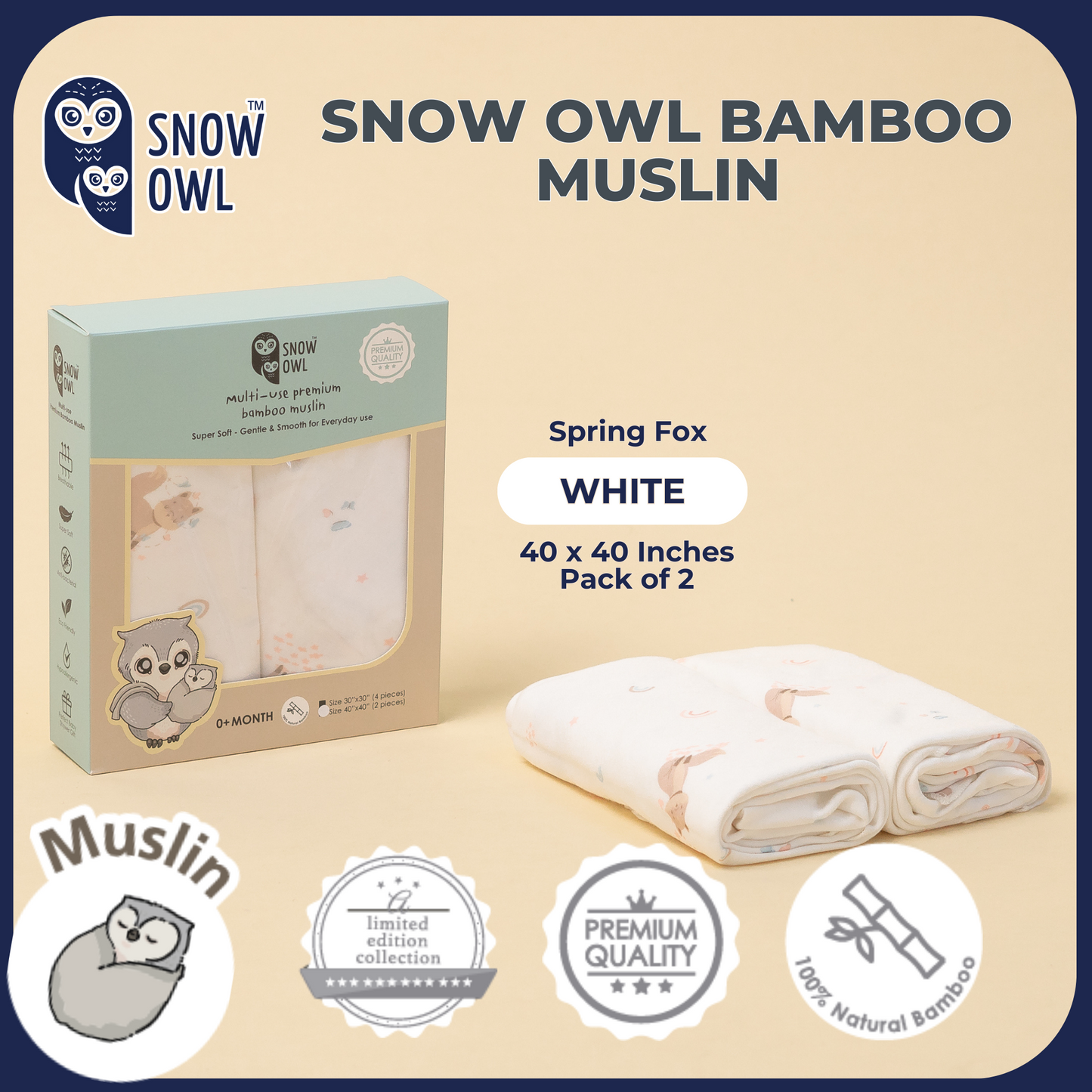 SNOW OWL BAMBOO Muslin 40x40 Pack of 2 - Spring Fox White