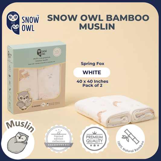 SNOW OWL BAMBOO Muslin 40x40 Pack of 2 - Spring Fox White
