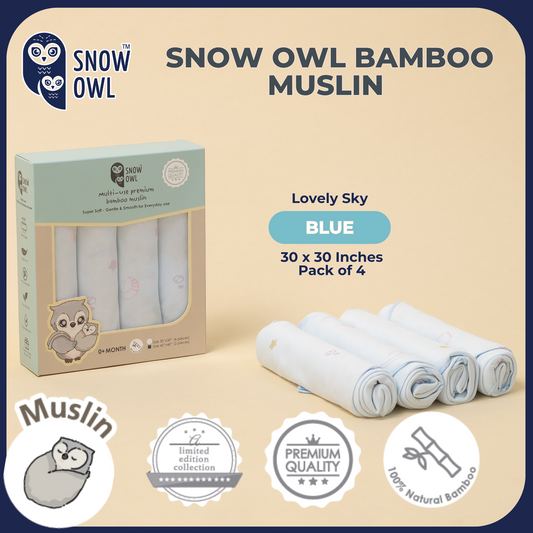 SNOW OWL BAMBOO Muslin 30x30 Pack of 4 - Lovely Sky Blue