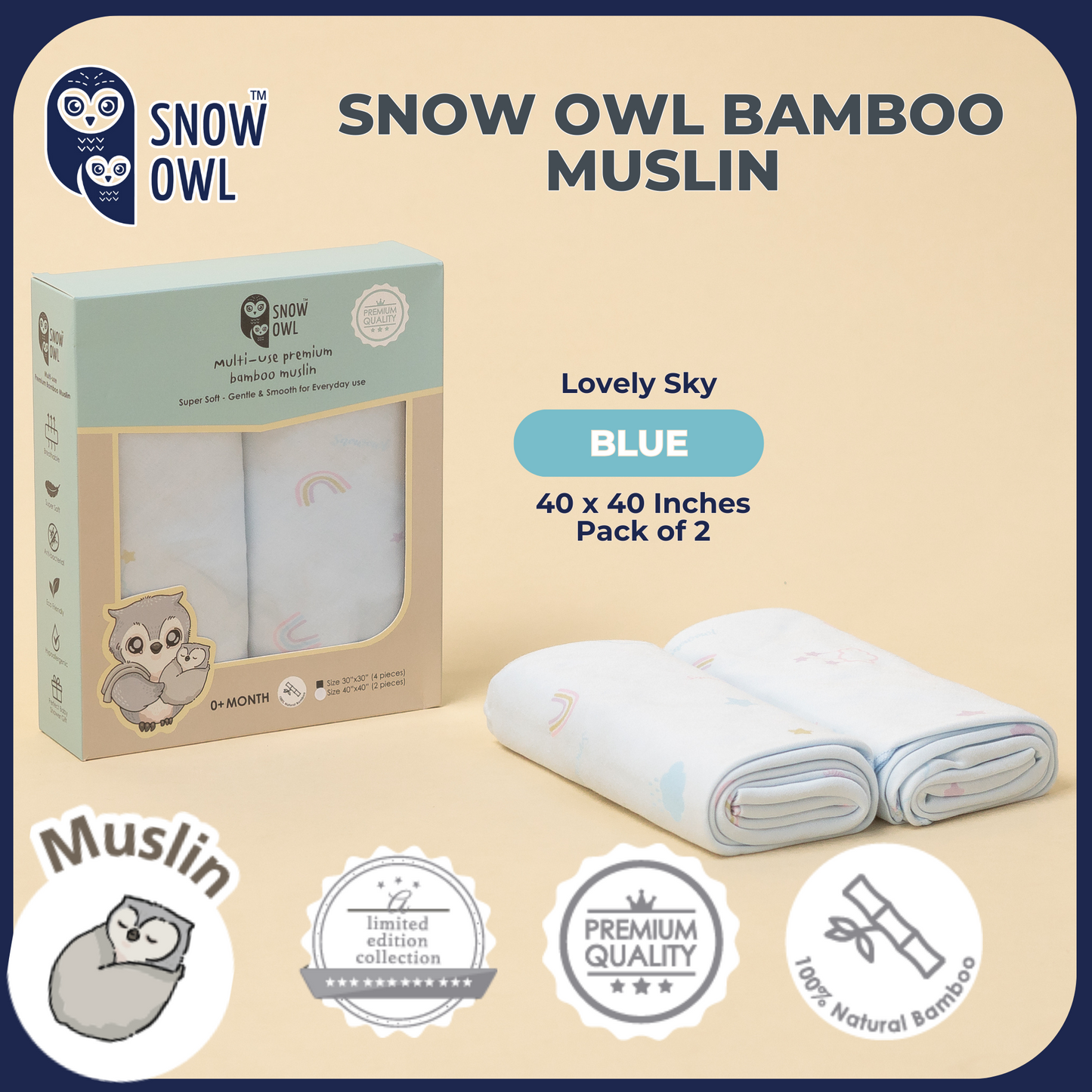 SNOW OWL BAMBOO Muslin 40x40 Pack of 2 - Lovely Sky Blue
