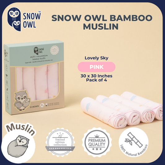 SNOW OWL BAMBOO Muslin 30x30 Pack of 4 - Lovely Sky Pink